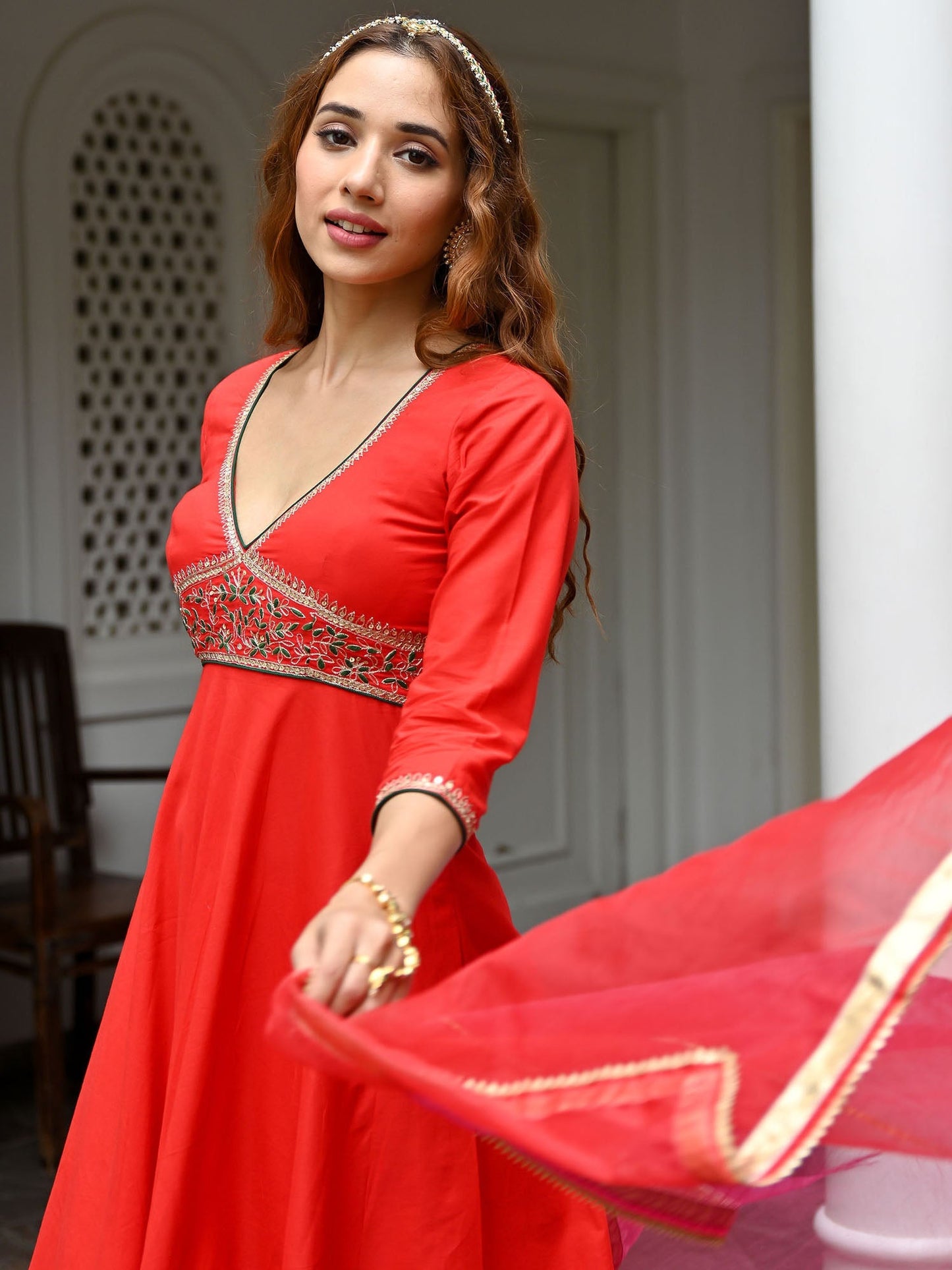 Red Cotton Embroidered Kurta Set