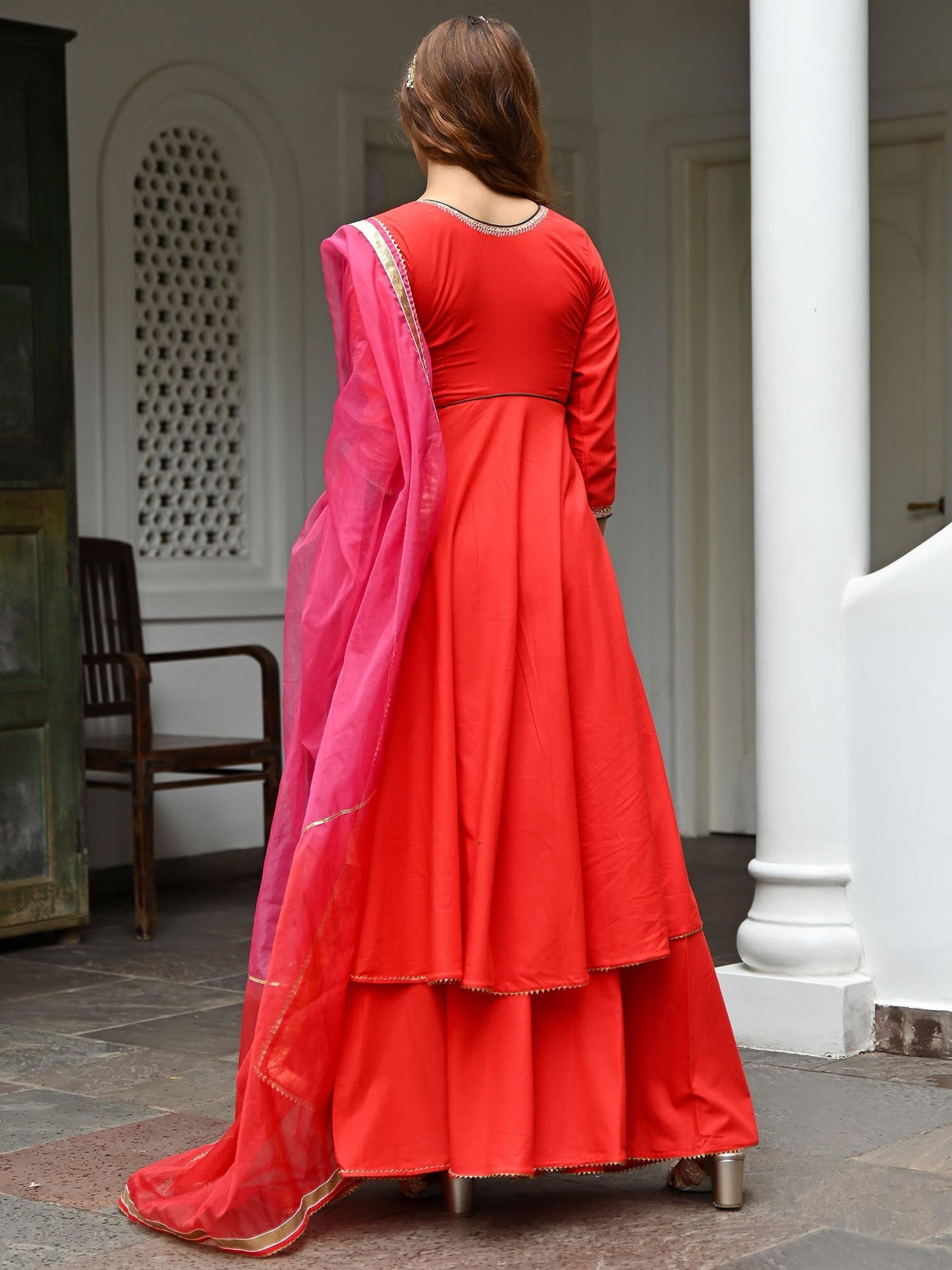 Red Cotton Embroidered Kurta Set