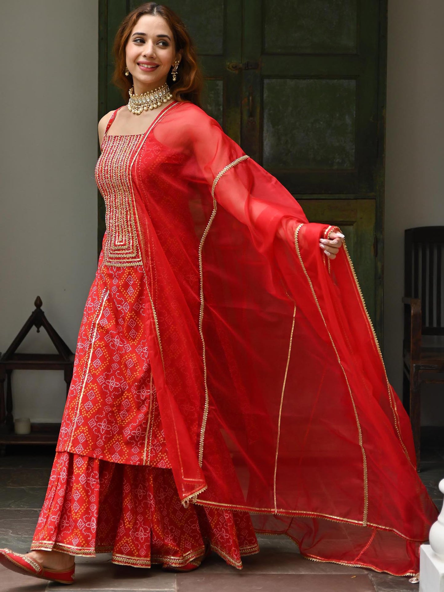 Red Cotton Bandhni Print Sharara Set