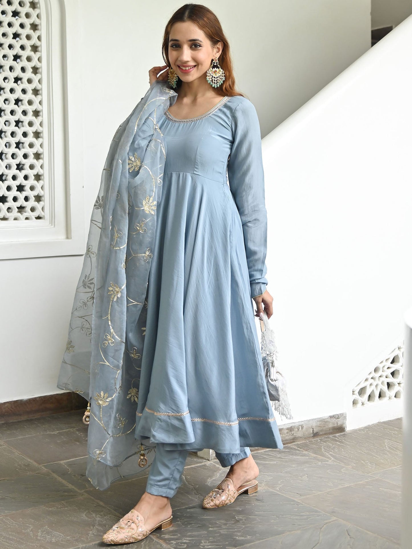 Powder Blue Solid Anarkali Set