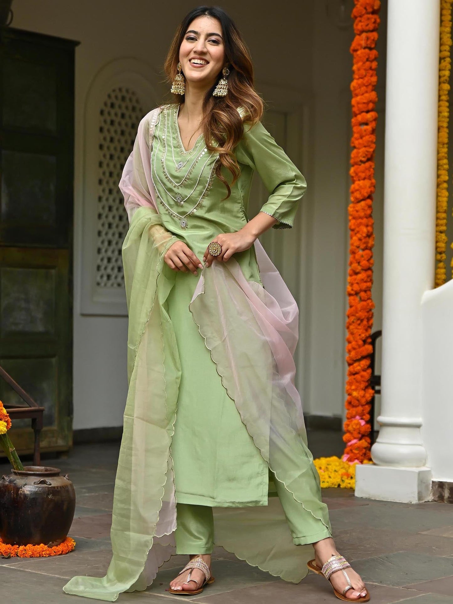 Green Silk Embroidered Kurta Set