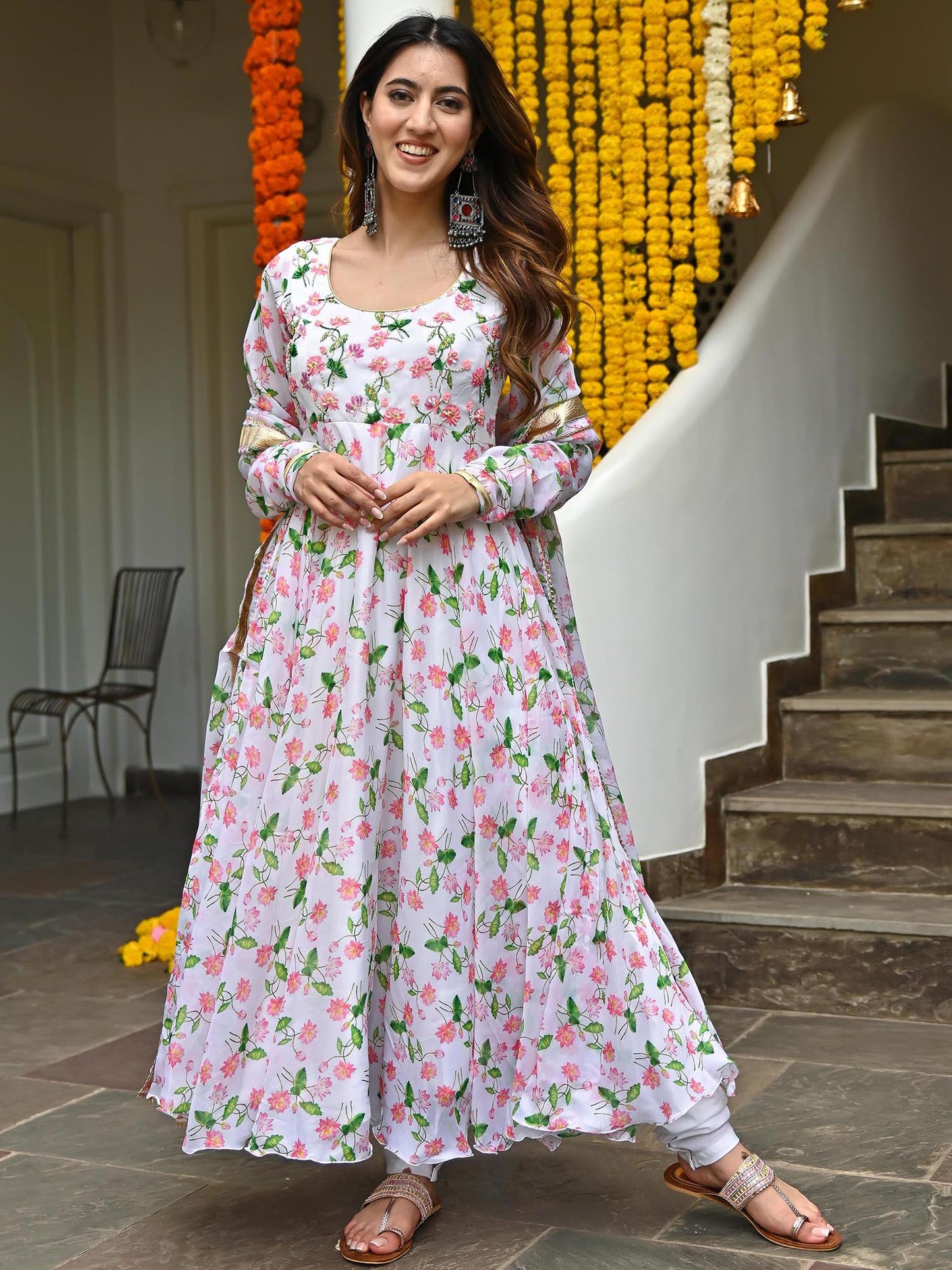 White Printed Anarkali