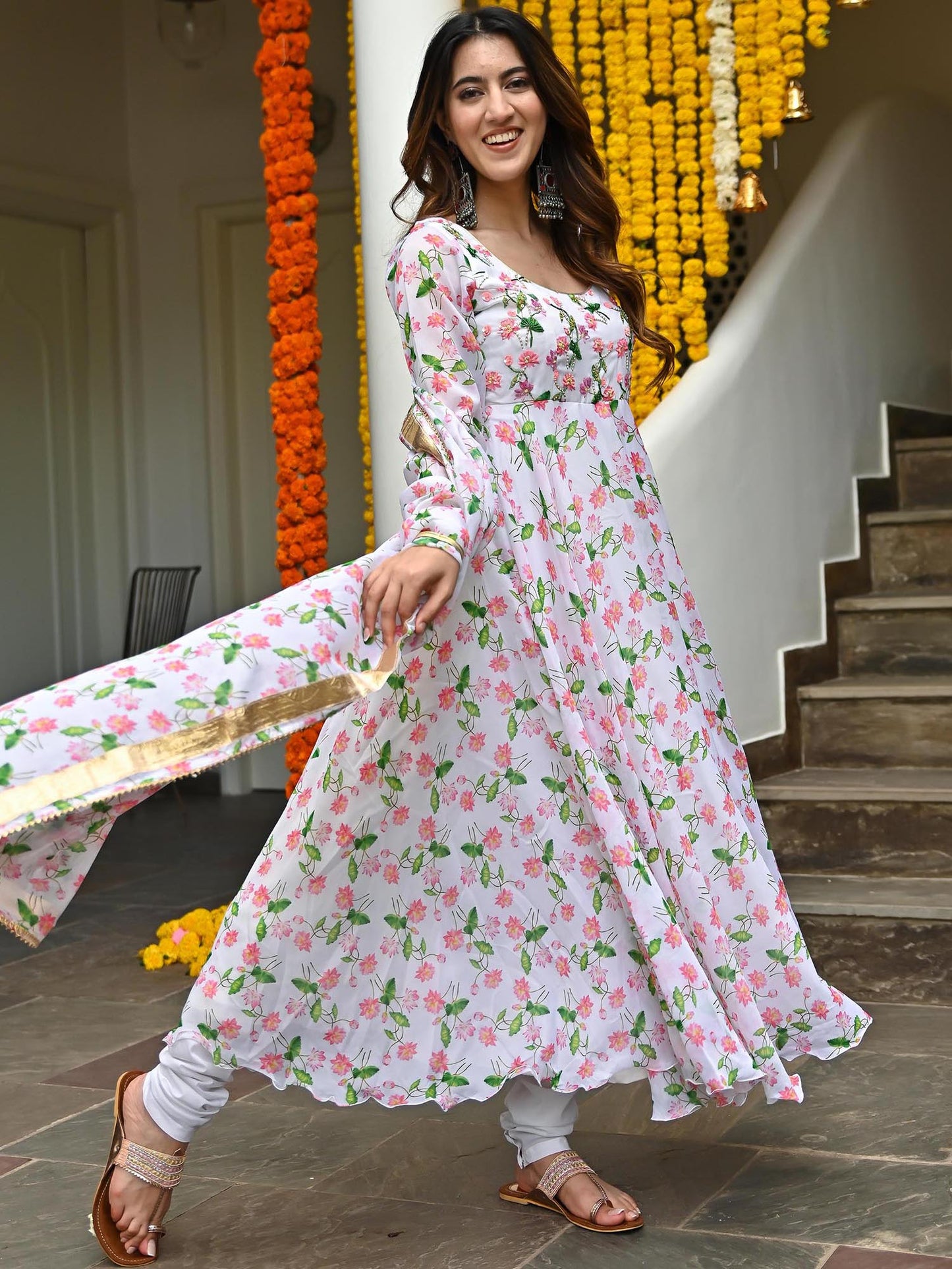 White Printed Anarkali
