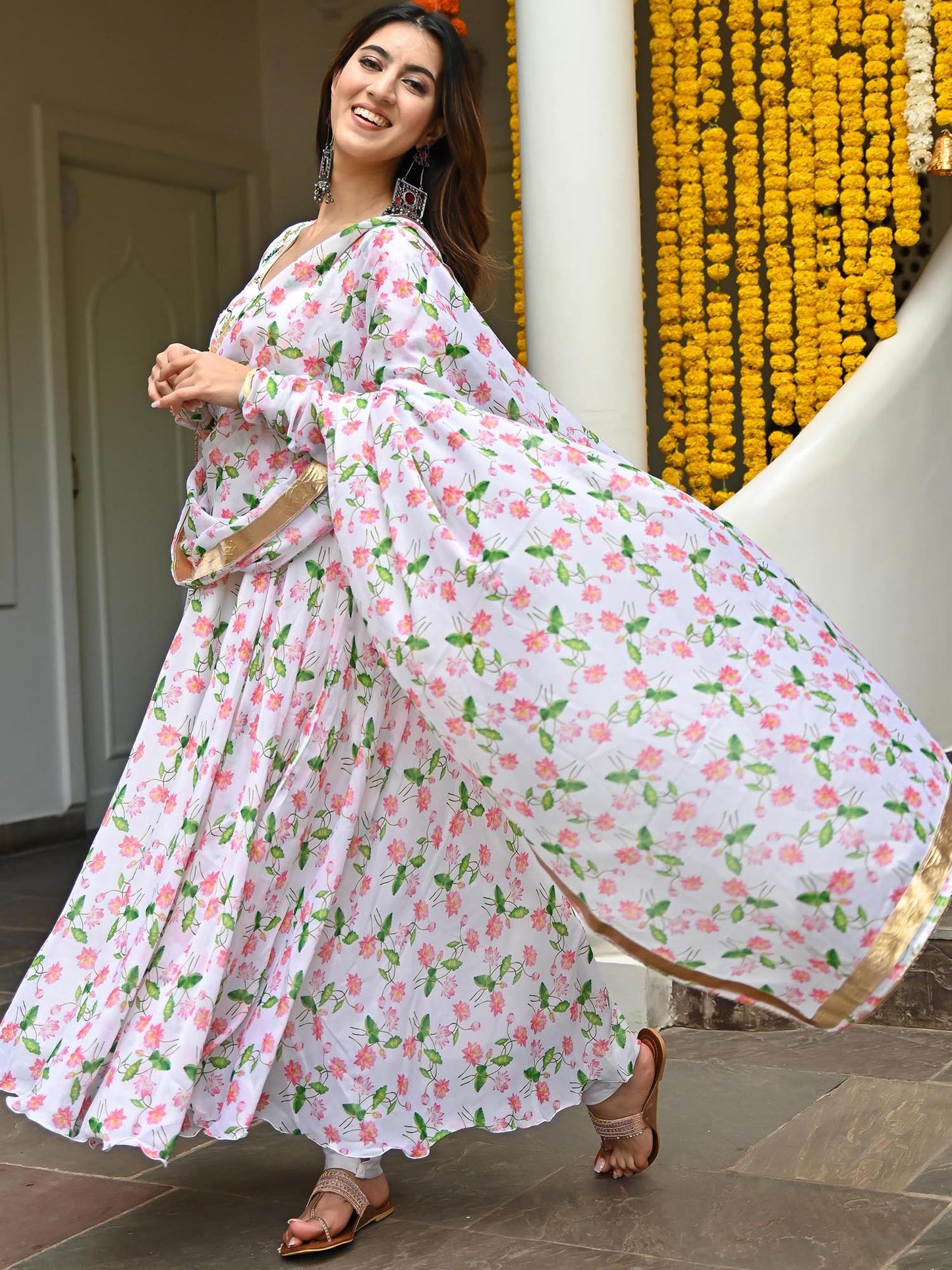White Printed Anarkali