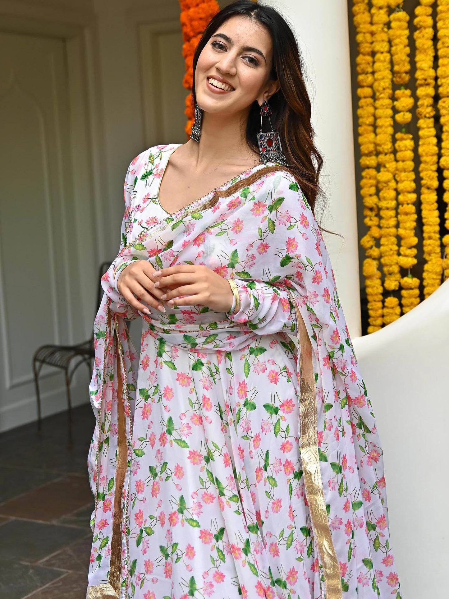 White Printed Anarkali