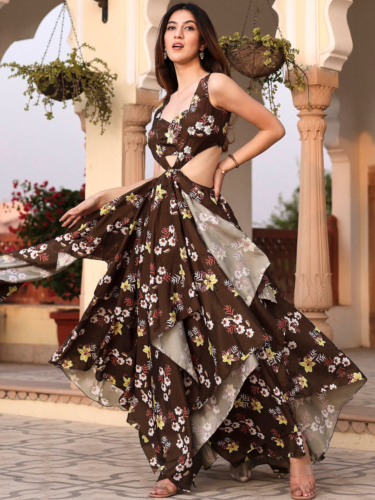 Olive Green Printed High Low Dress