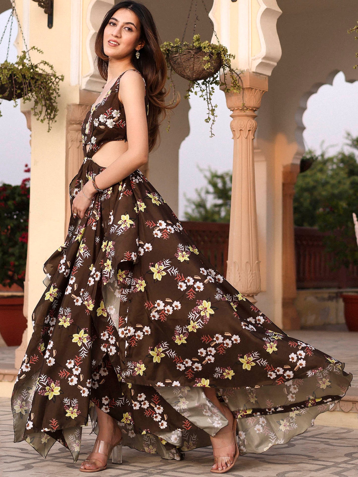 Olive Green Printed High Low Dress
