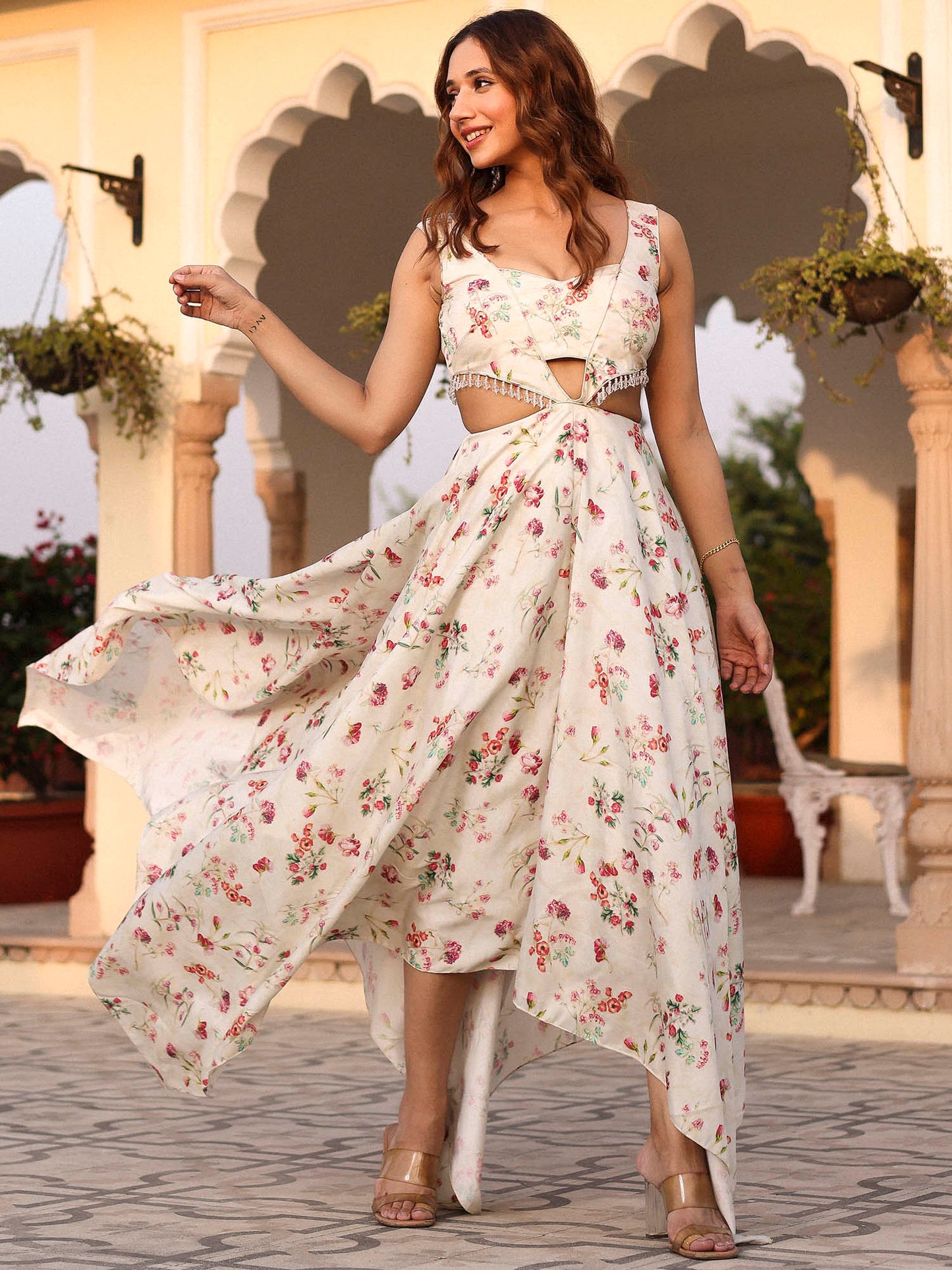 Cream Printed High Low Dress