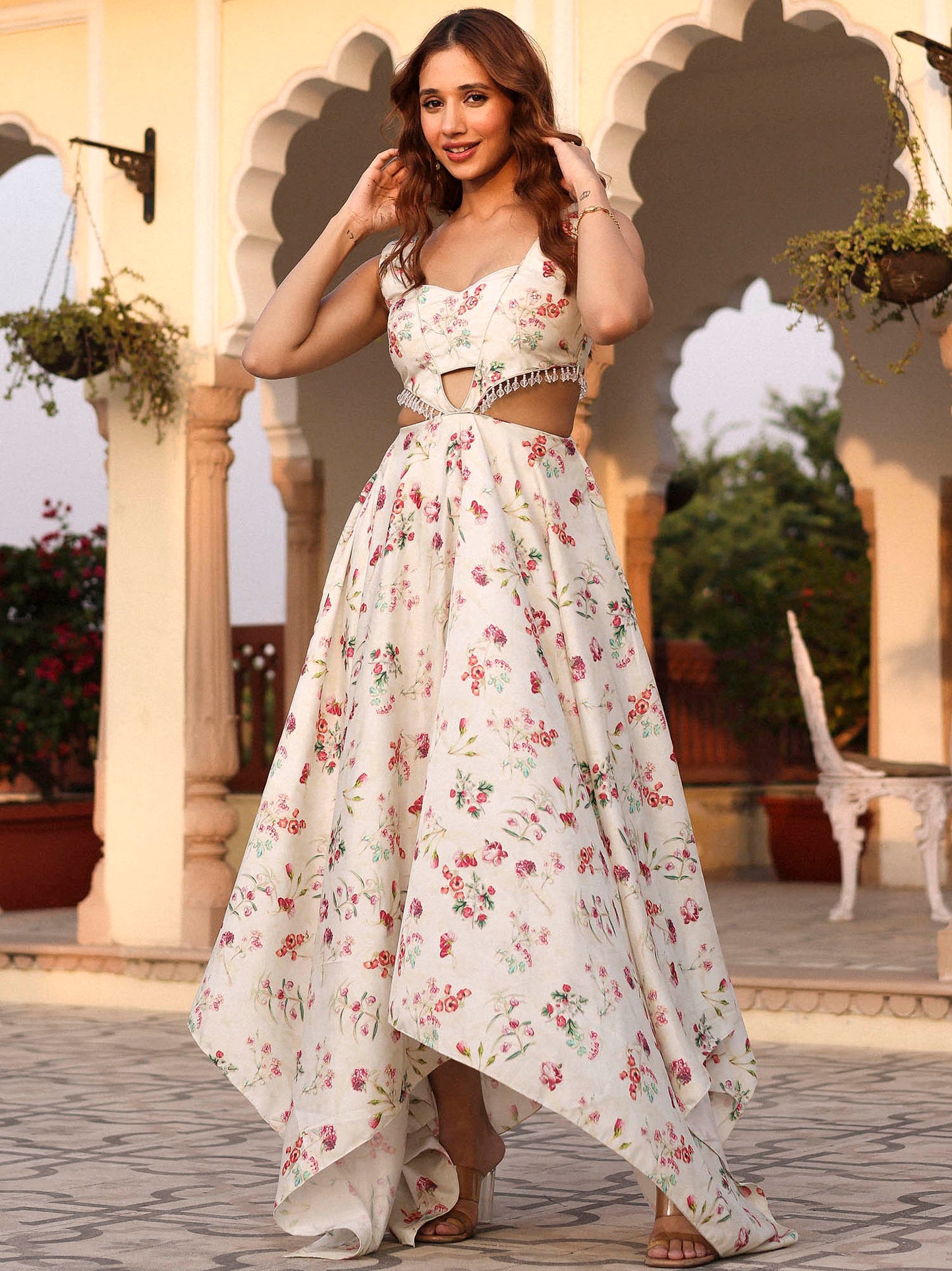 Cream Printed High Low Dress