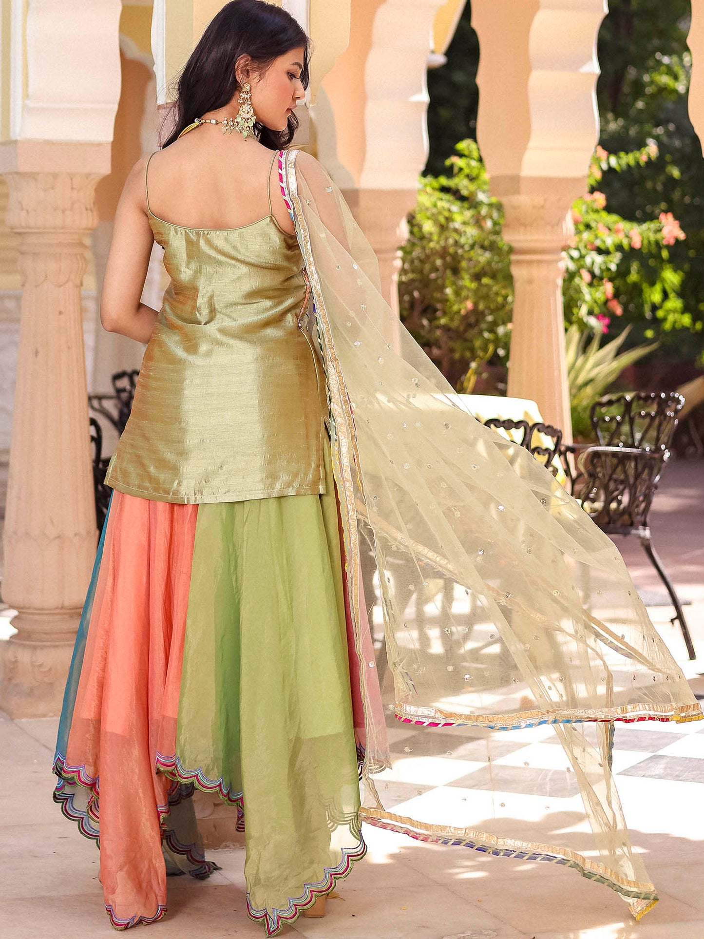 Green Silk Kurta Skirt Set