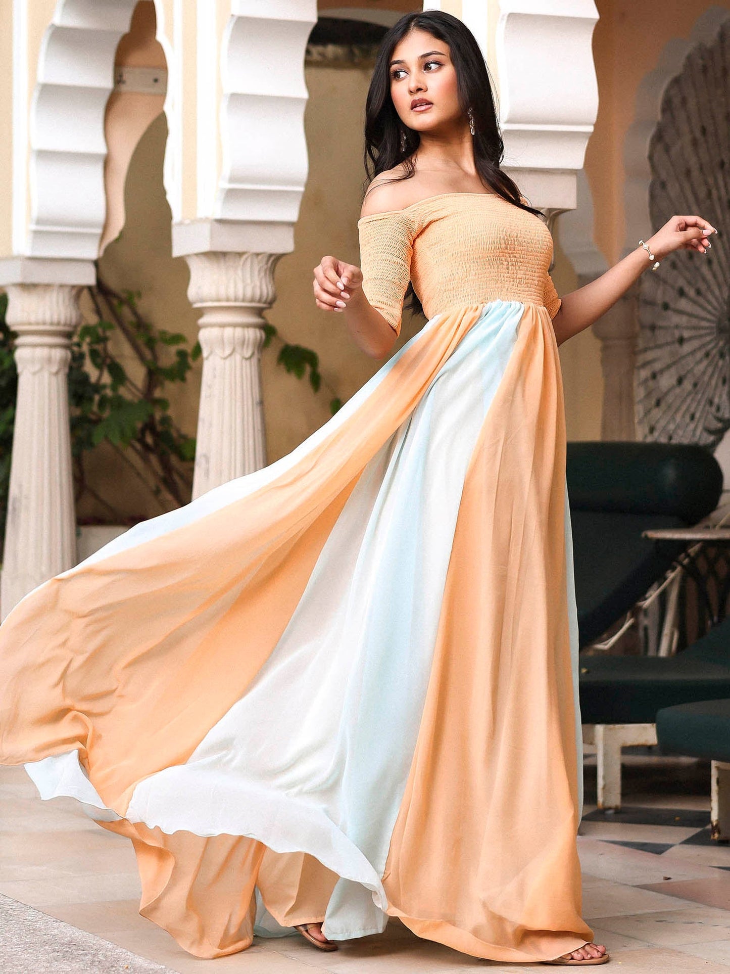 Peach Blue Flared Dress