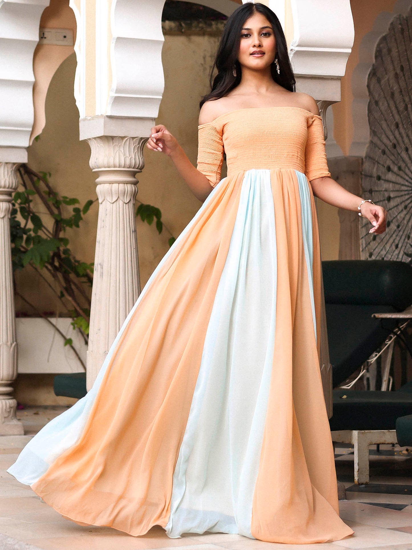 Peach Blue Flared Dress