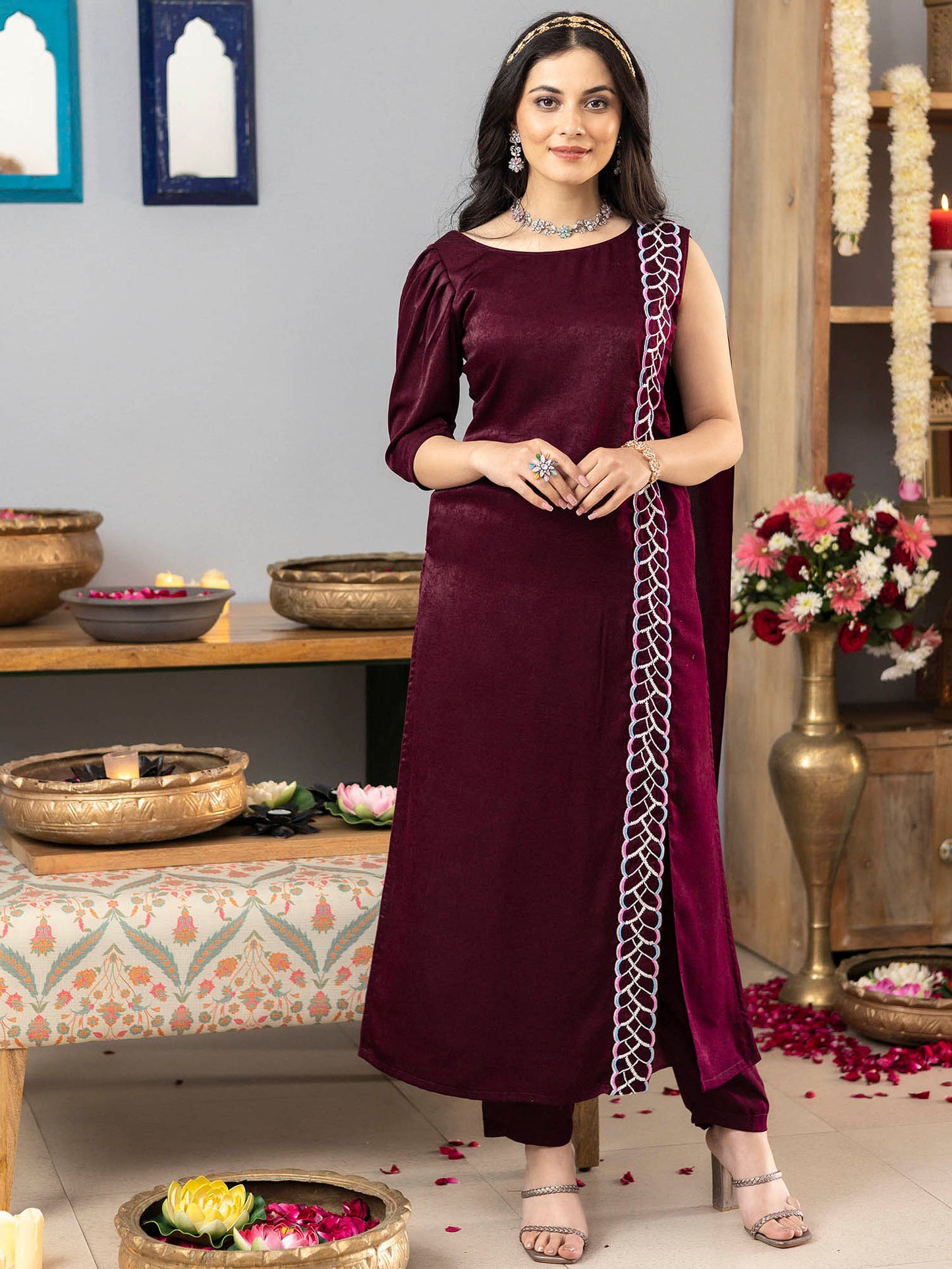 Burgundy Apricot Kurta Set