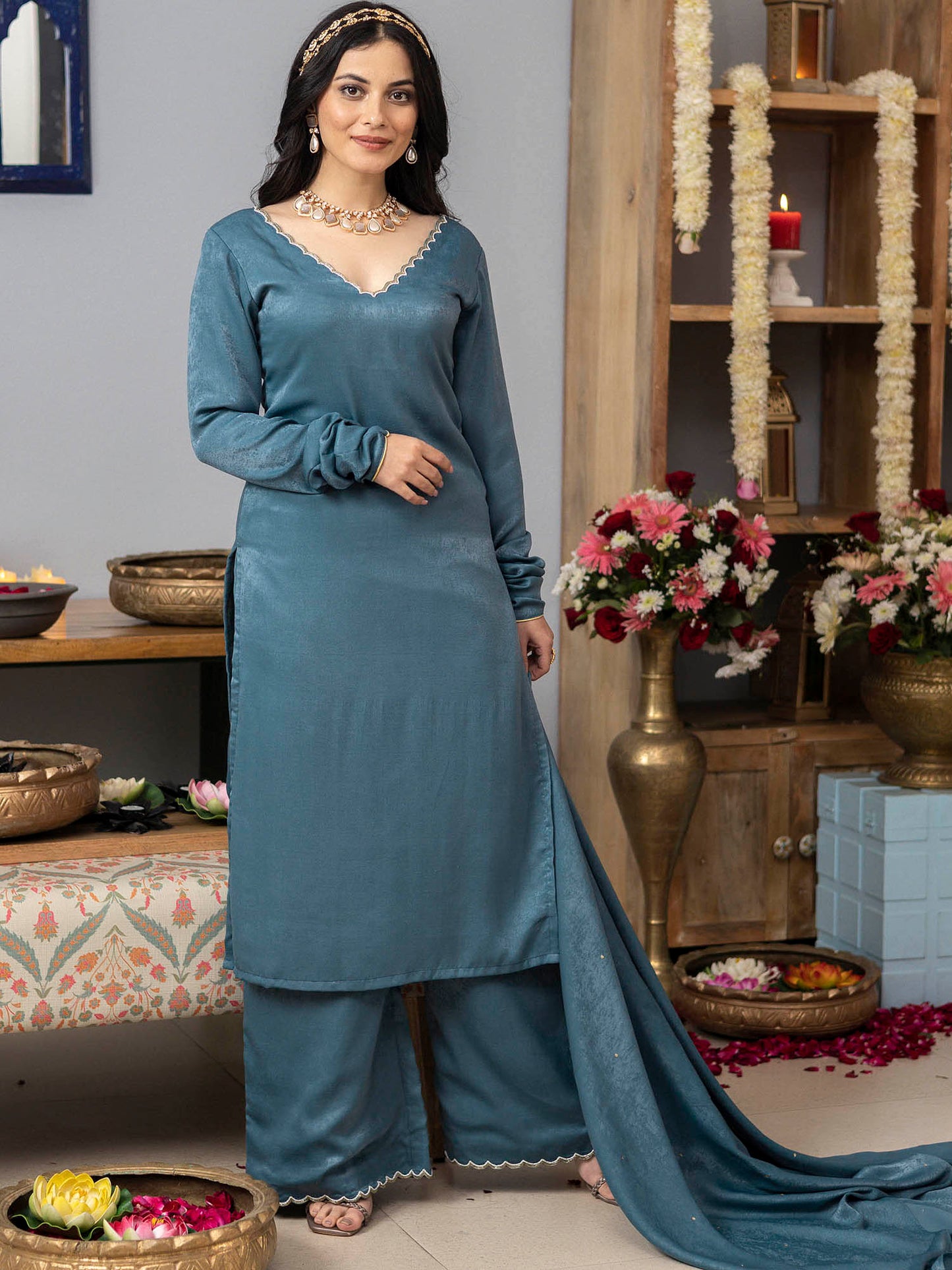 Earthy Blue Apricot Kurta Set