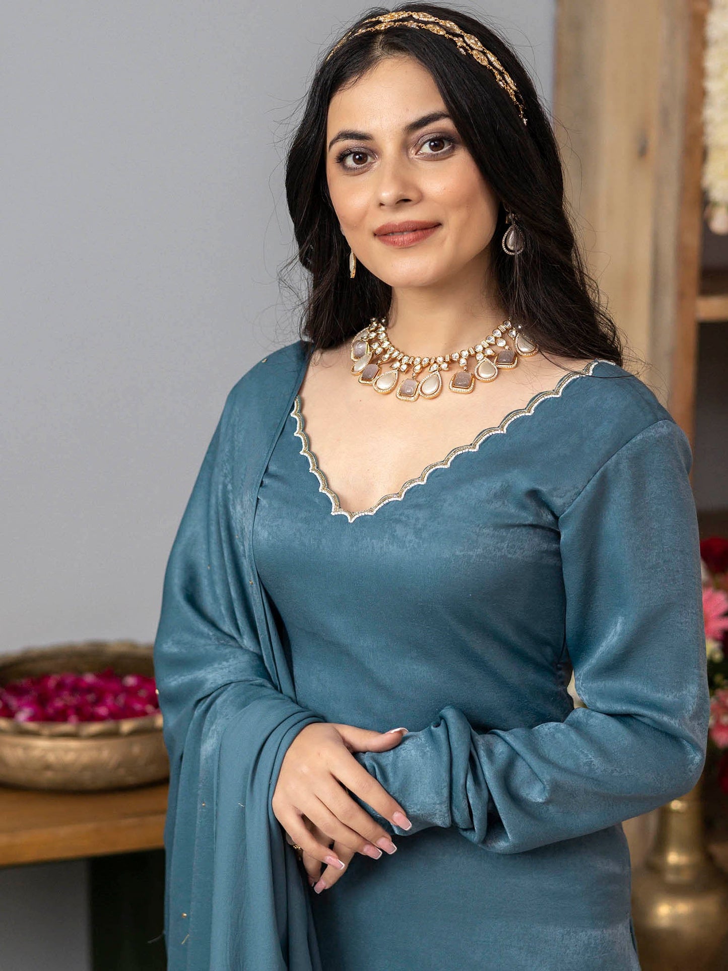 Earthy Blue Apricot Kurta Set