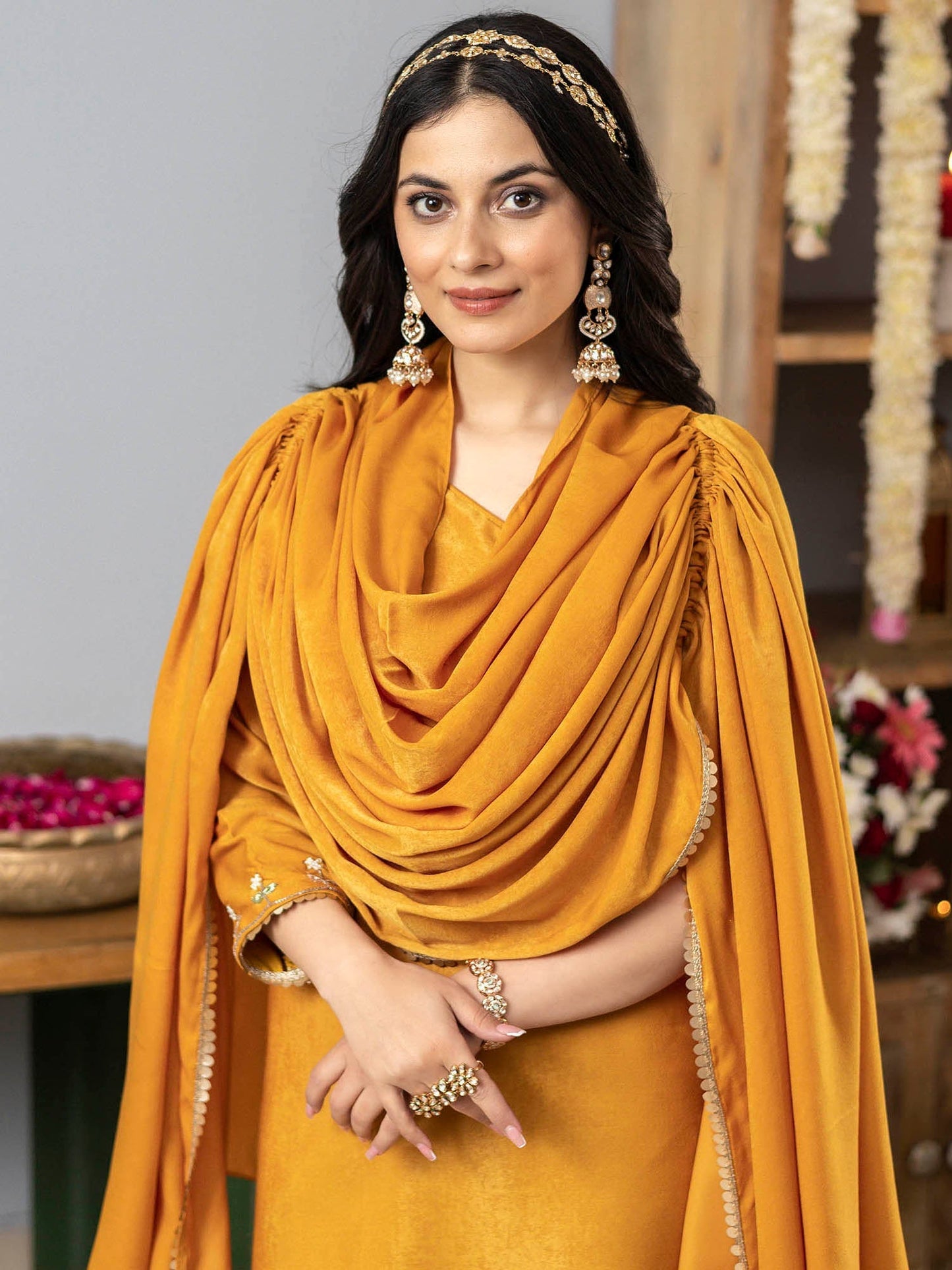 Mustard One Shoulder Apricot Kurta Set With Cape