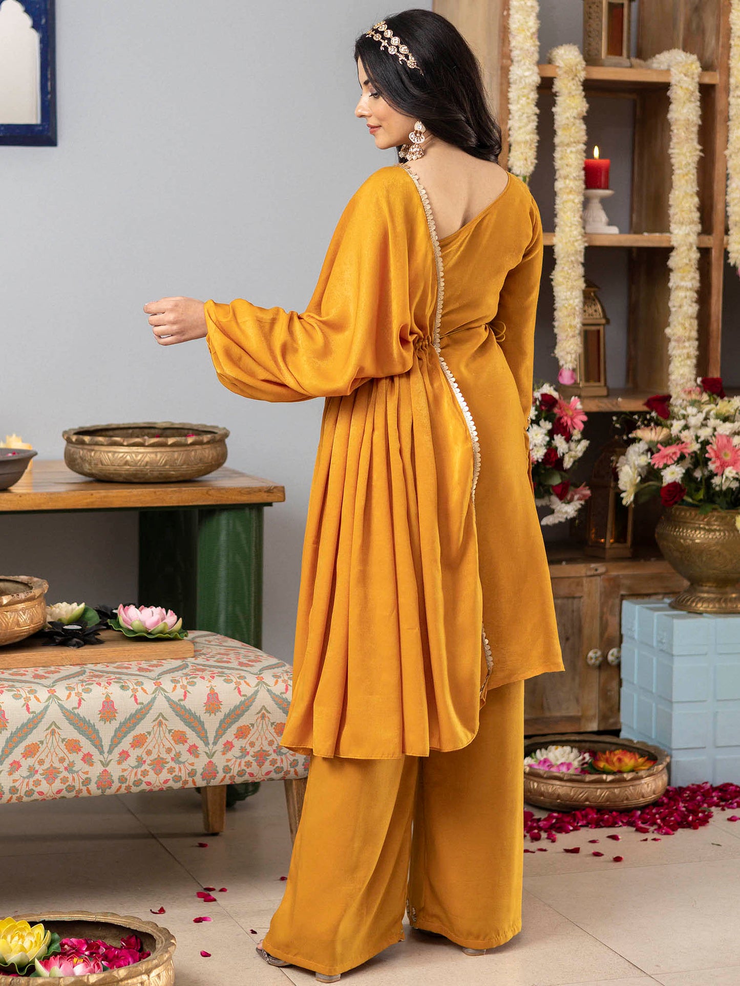 Mustard One Shoulder Apricot Kurta Set With Cape