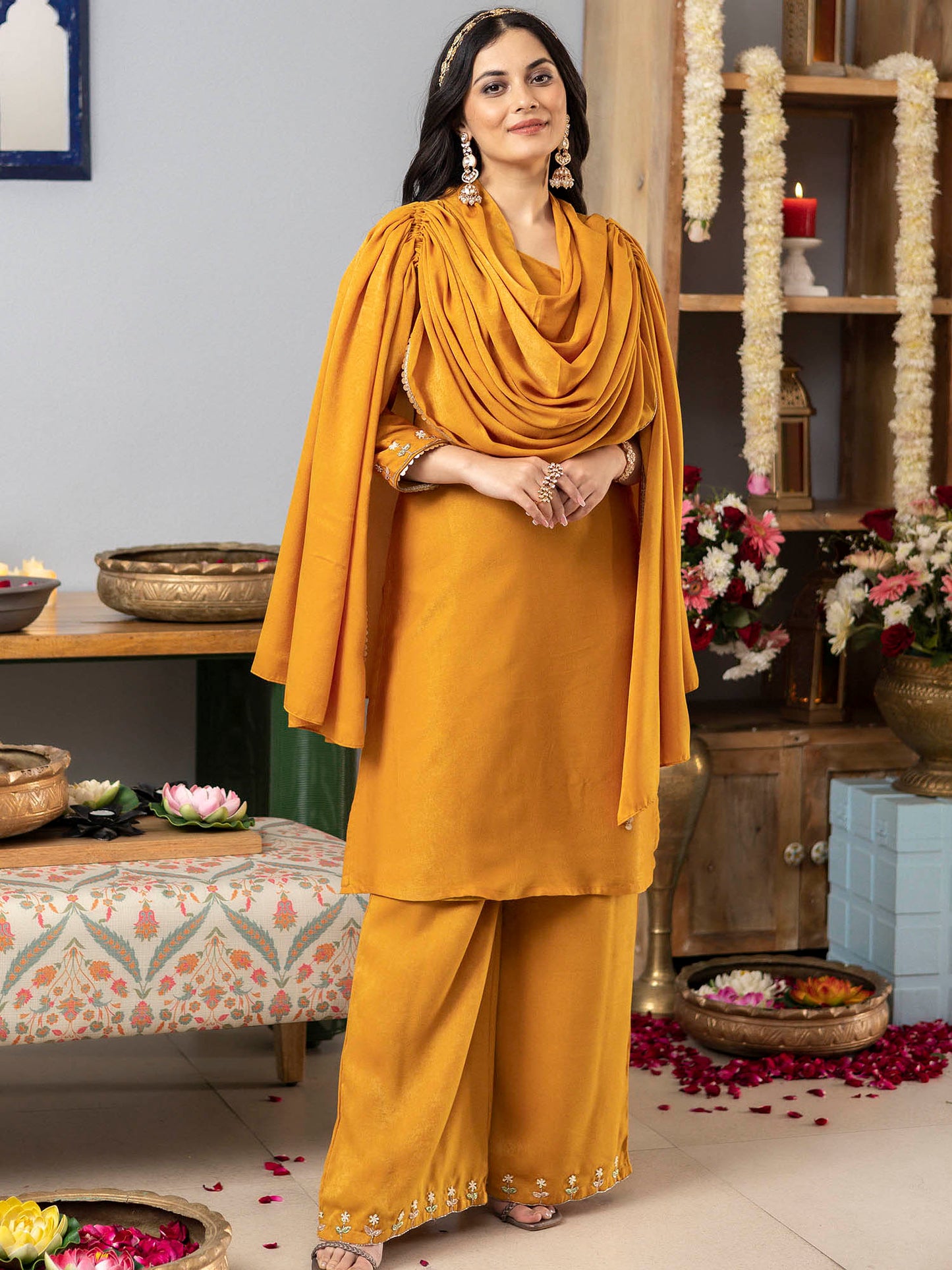 Mustard One Shoulder Apricot Kurta Set With Cape