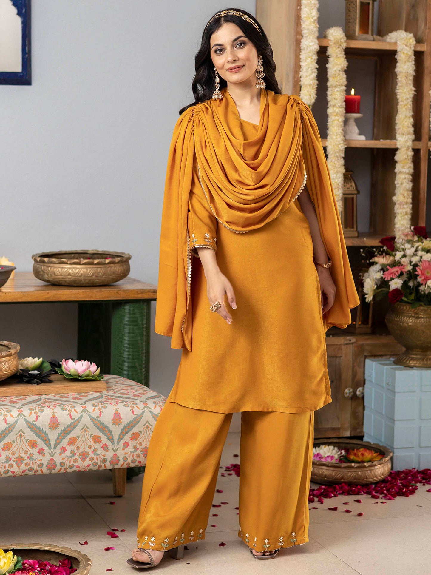 Mustard One Shoulder Apricot Kurta Set With Cape