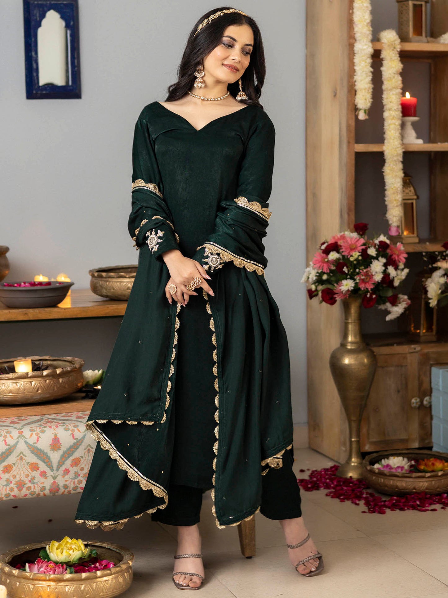 Bottle Green Apricot Kurta Set