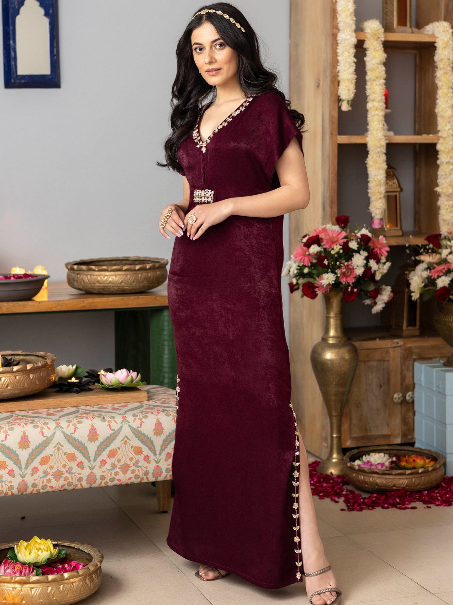 Burgundy Apricot kaftan Dress