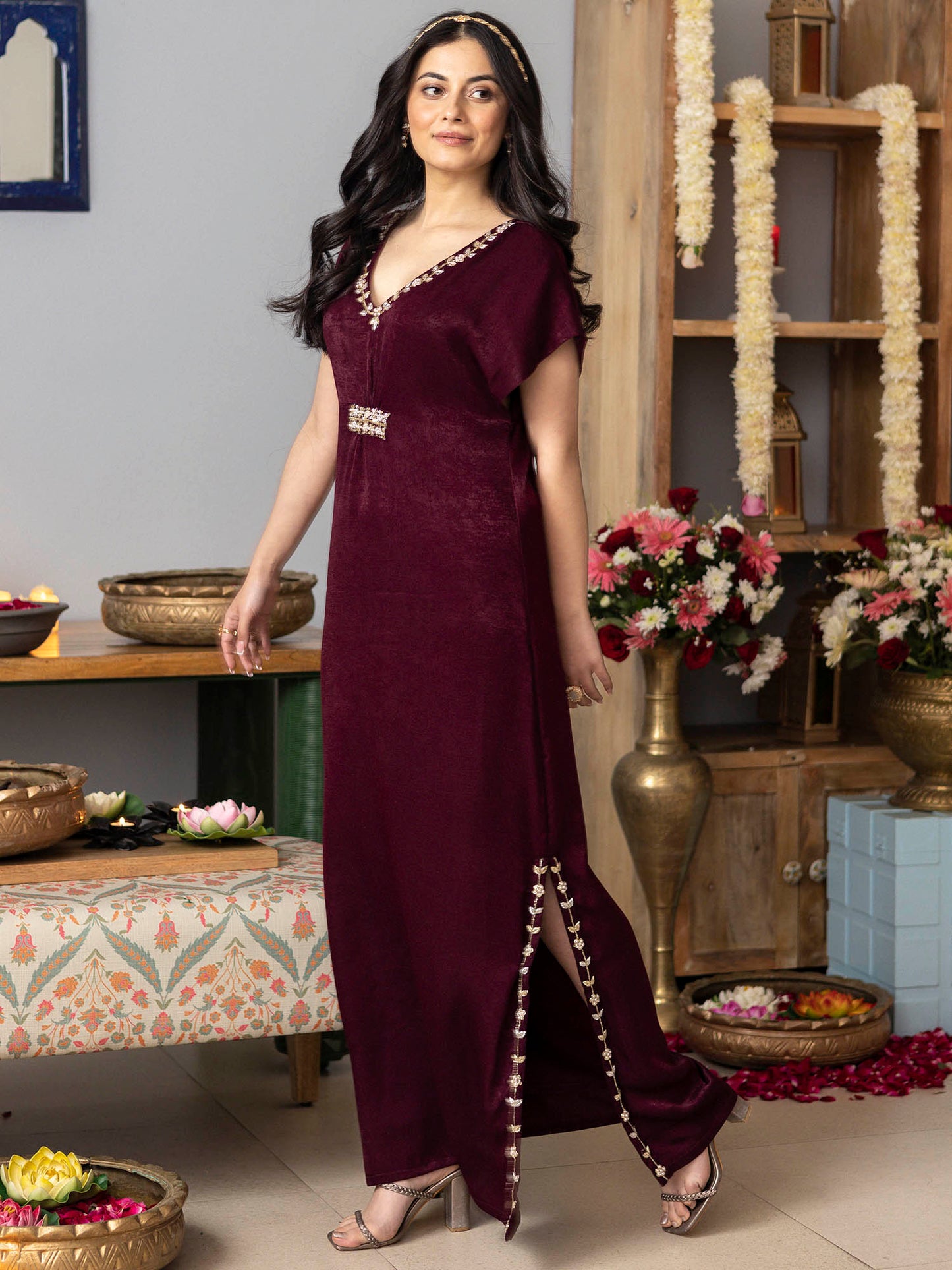 Burgundy Apricot kaftan Dress
