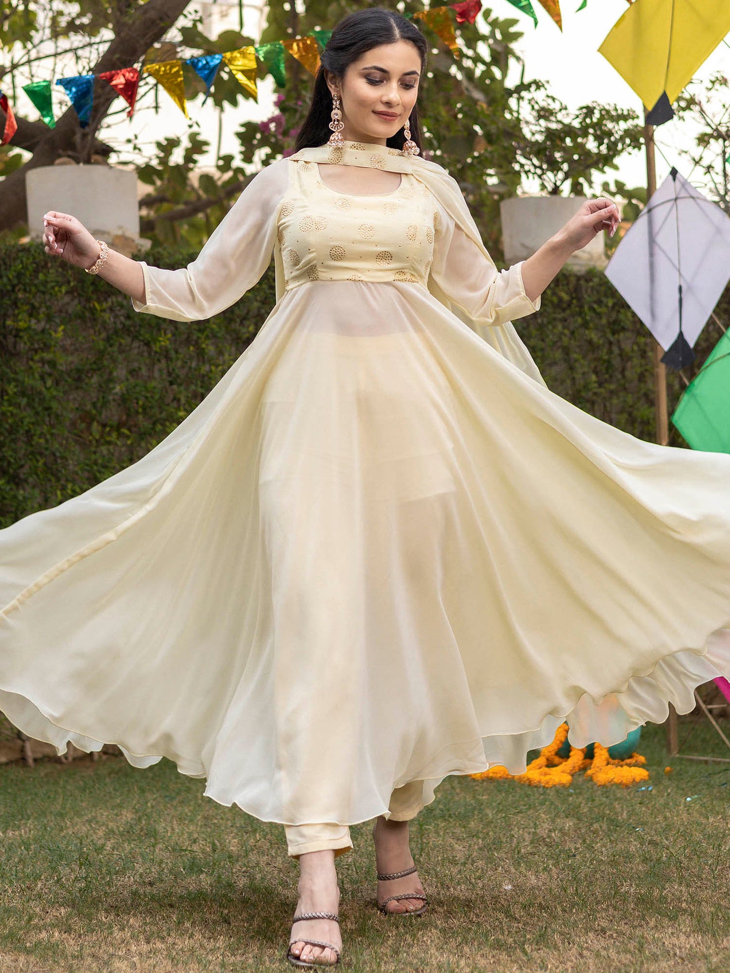 Lemon Yellow Mukaish Anarkali Set
