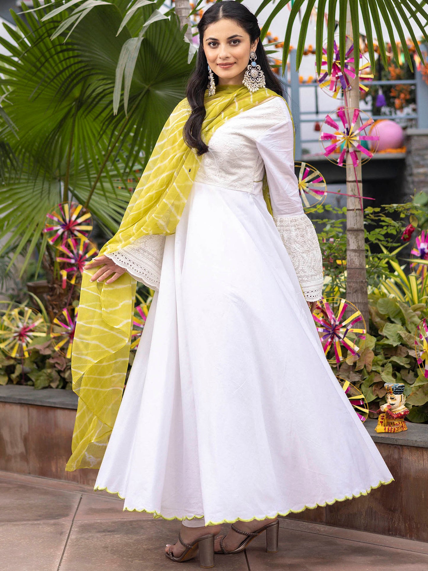 White Schiffli Anarkali Set