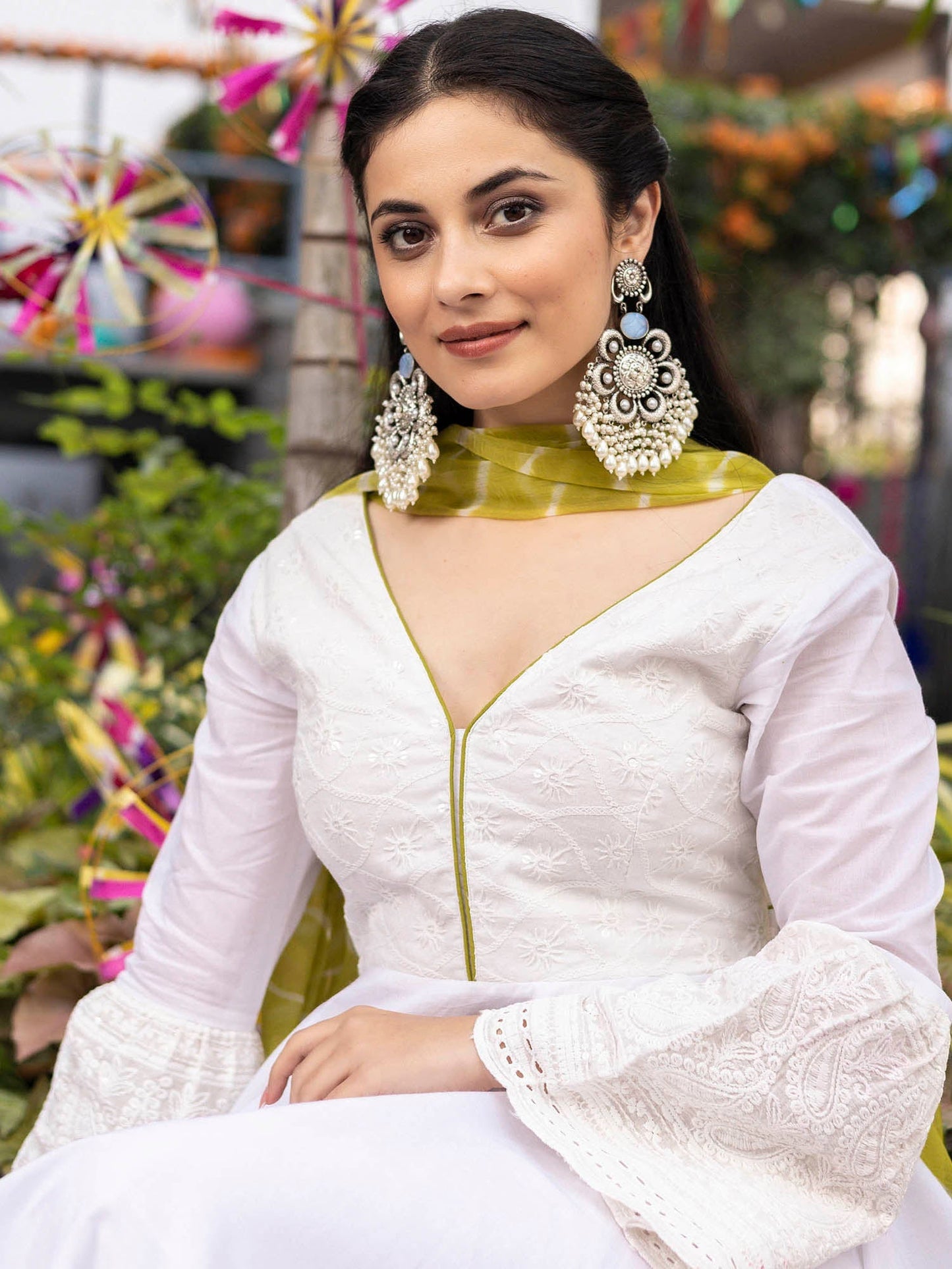 White Schiffli Anarkali Set