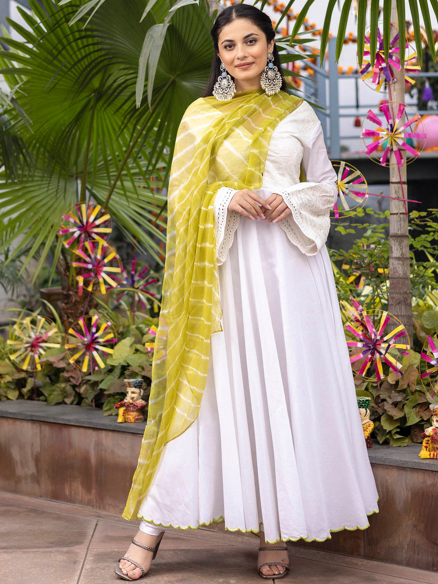 White Schiffli Anarkali Set