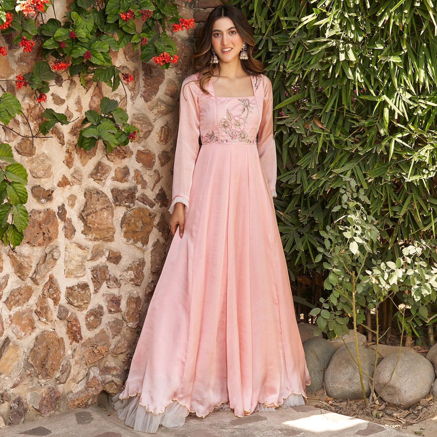 PEACH HAND EMBROIDERED GOWN