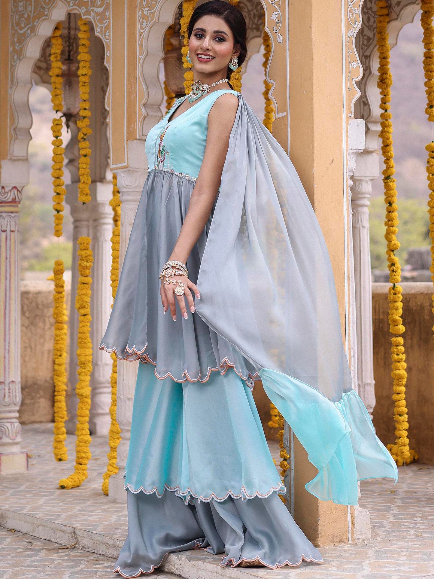 BLUE GREY GHARARA SET