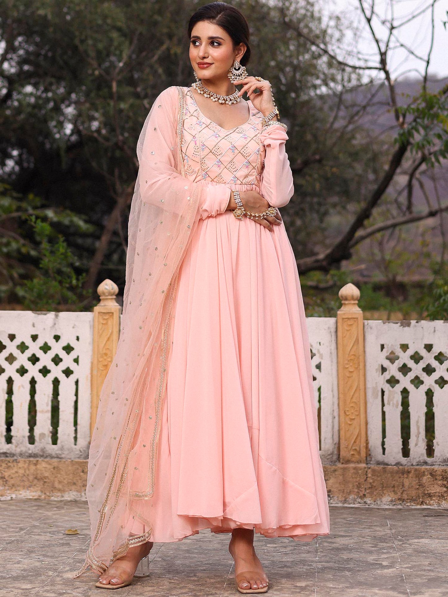 PINK MUKAISH ANARKALI SET