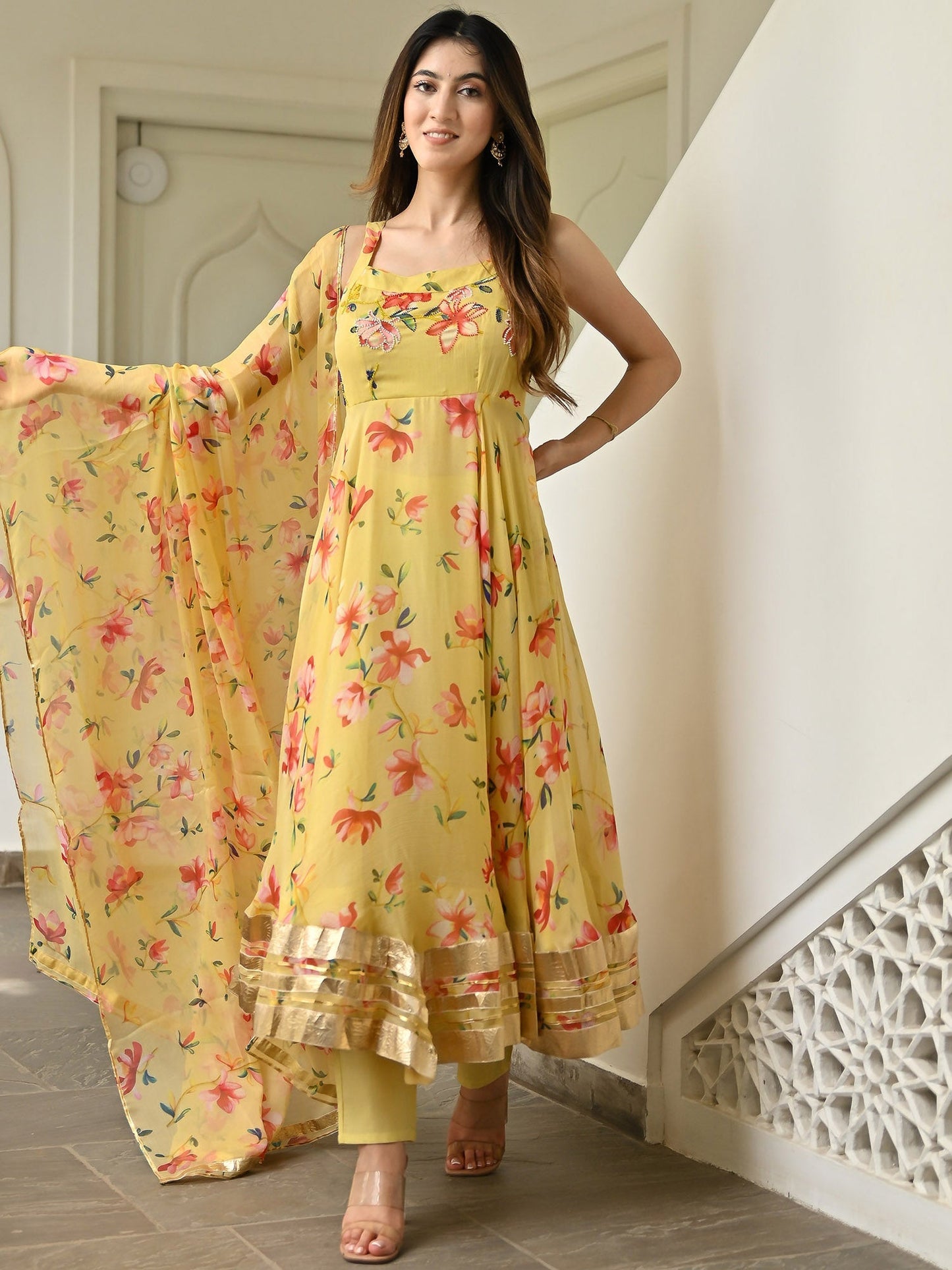 Yellow Printed Anarkali