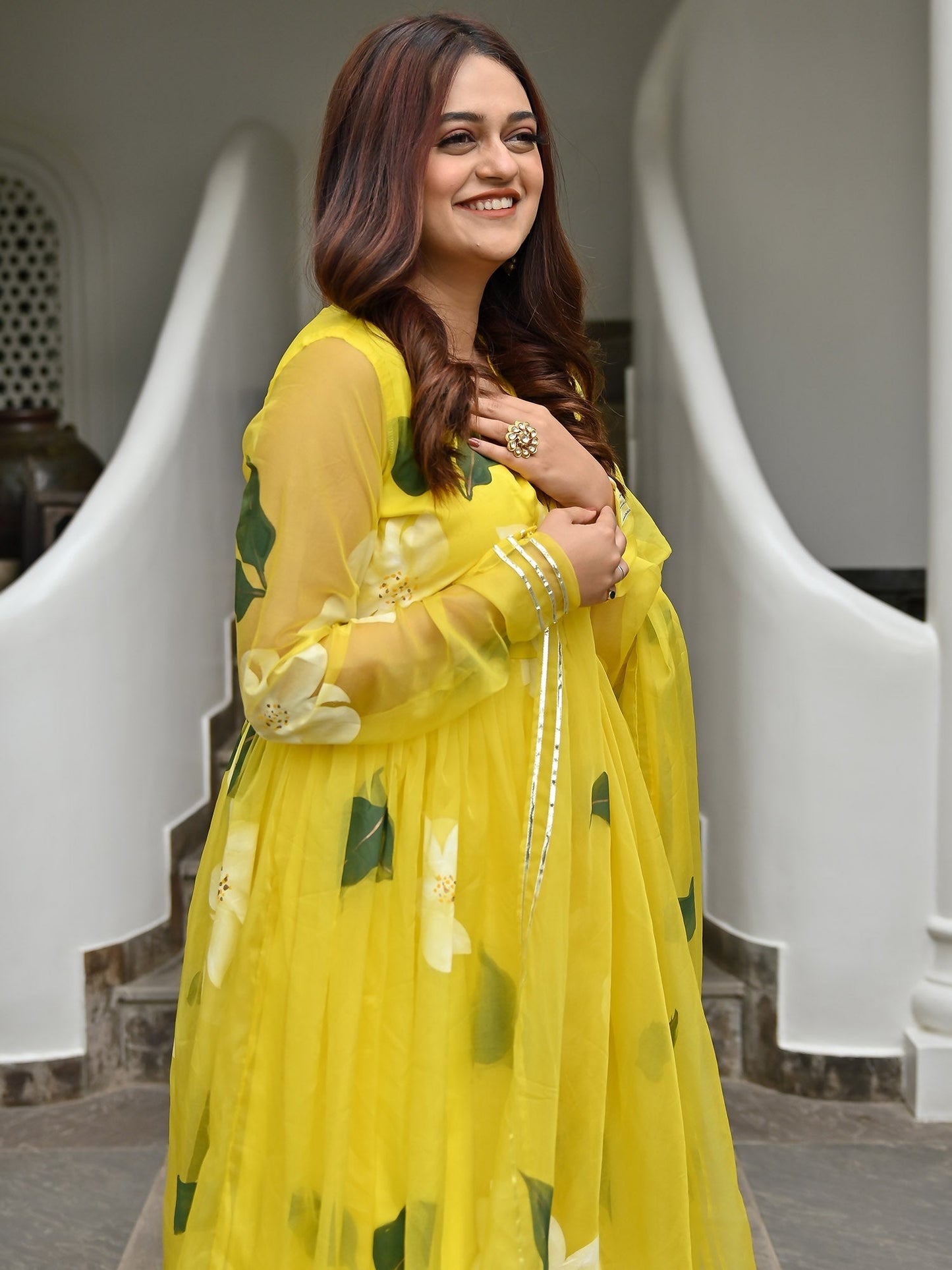 Yellow Handbrush Organza Anarkali Set