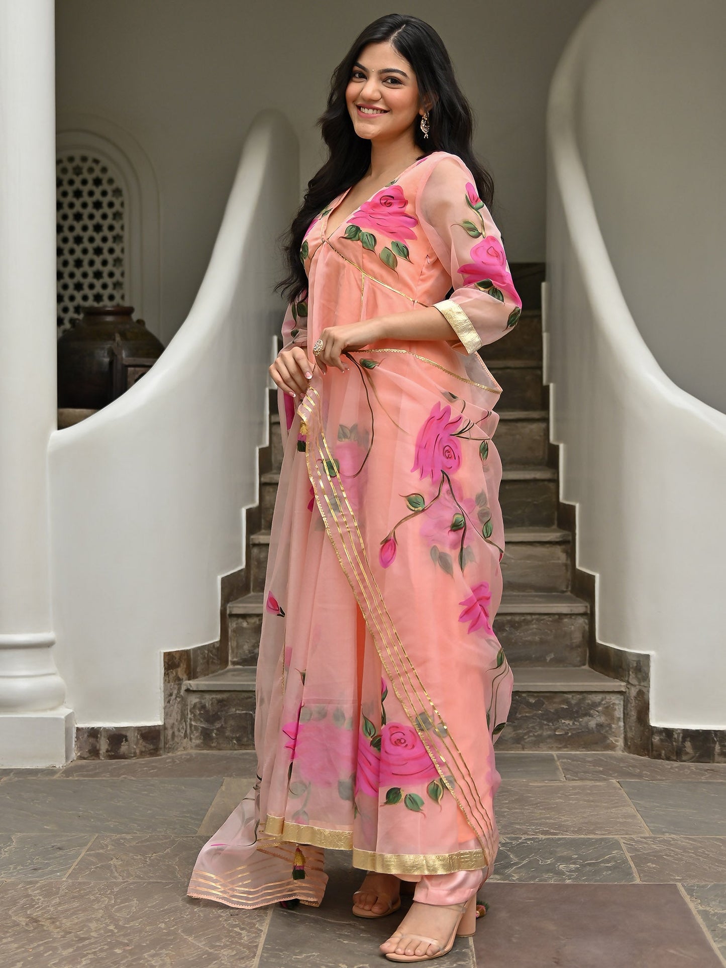 Peach Handbrush Organza Anarkali Set