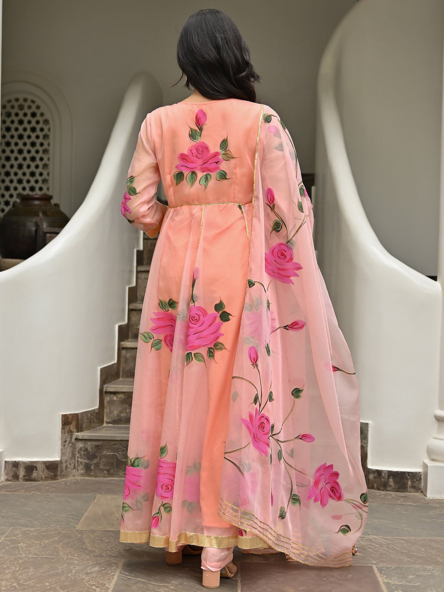 Peach Handbrush Organza Anarkali Set