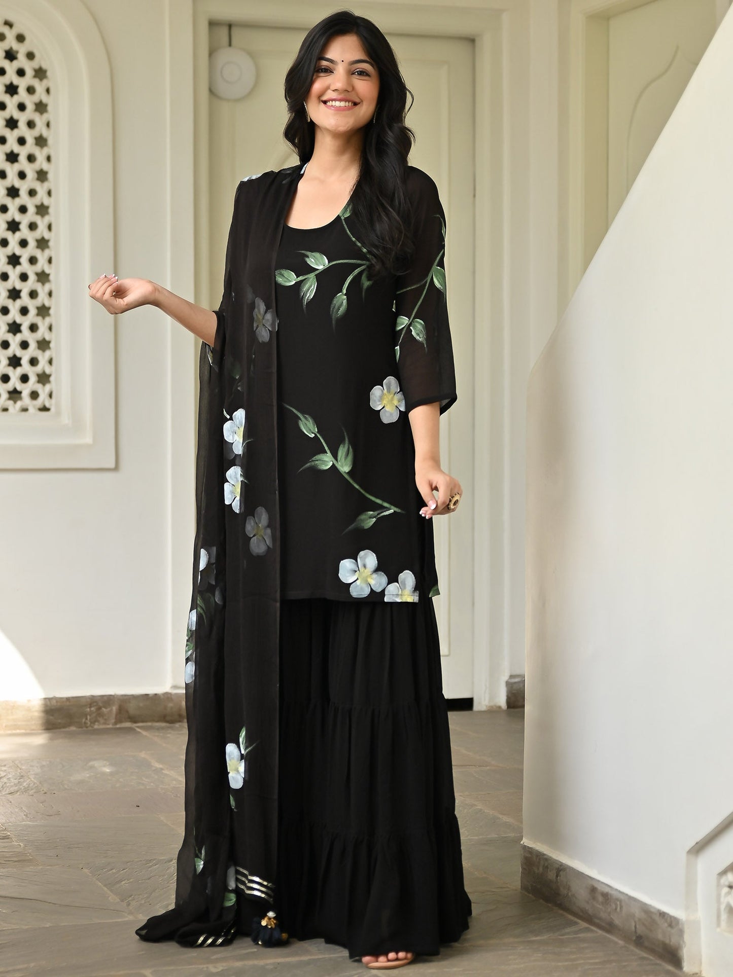 Black Handbrush Sharara Set