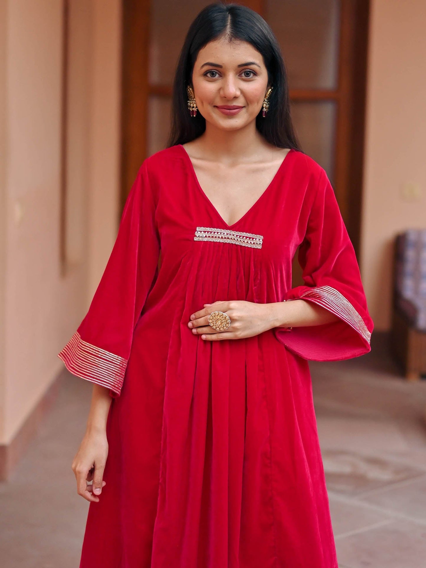 Red Velvet Kurta Set