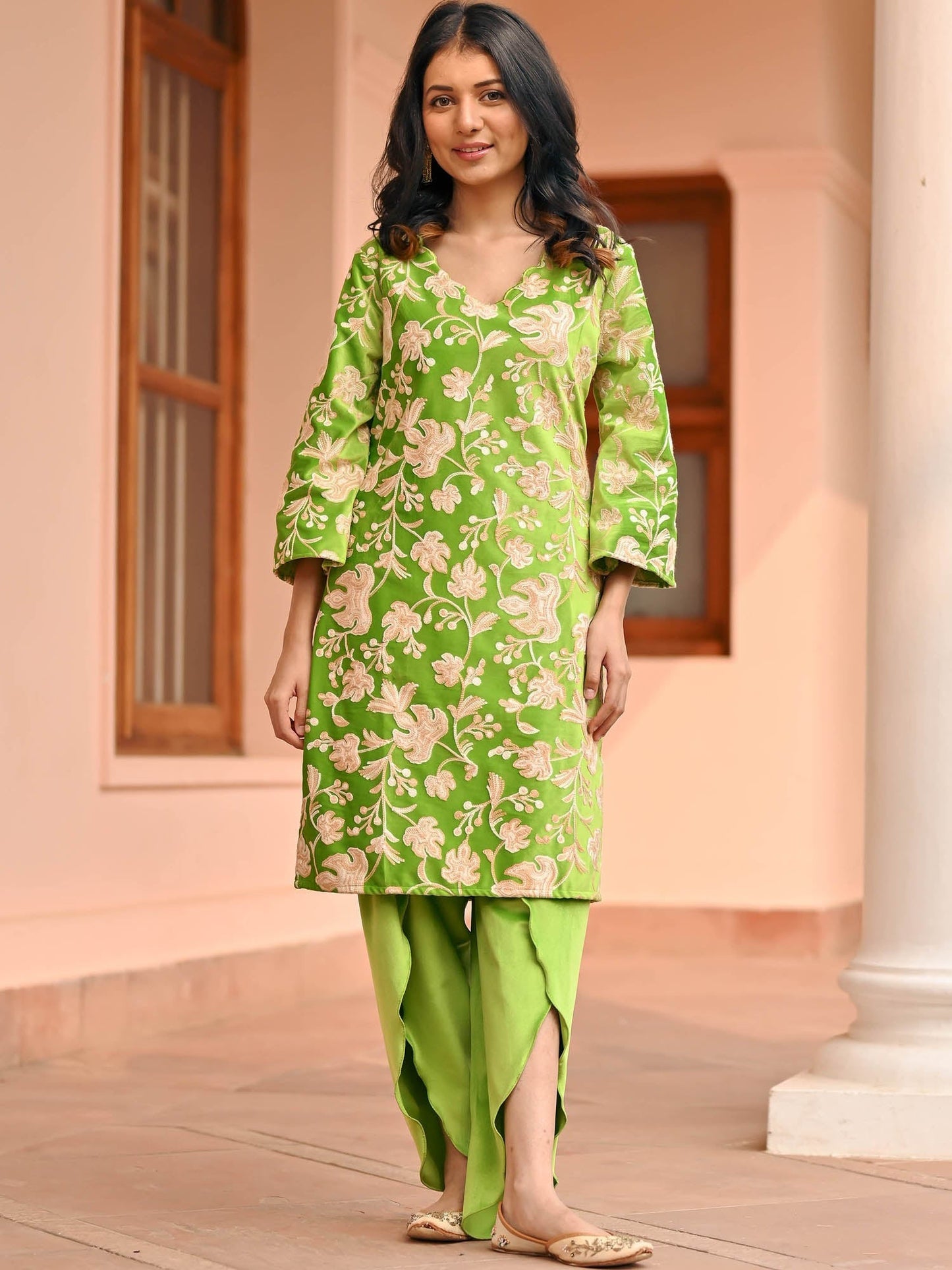 Green Velvet Kurta Dhoti Set