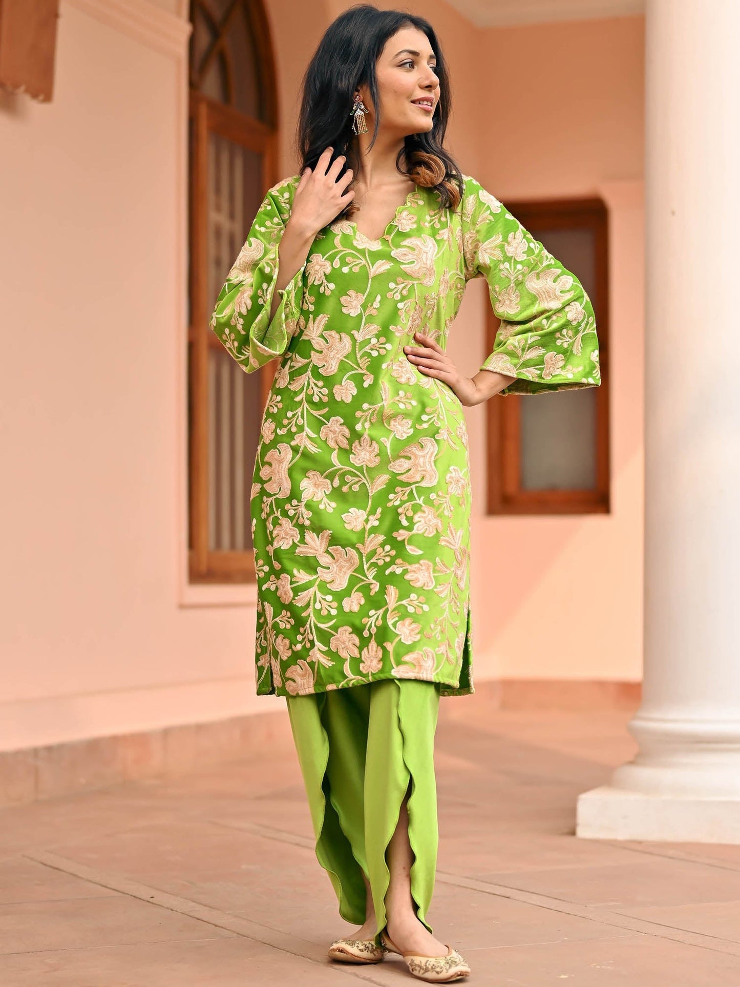 Green Velvet Kurta Dhoti Set