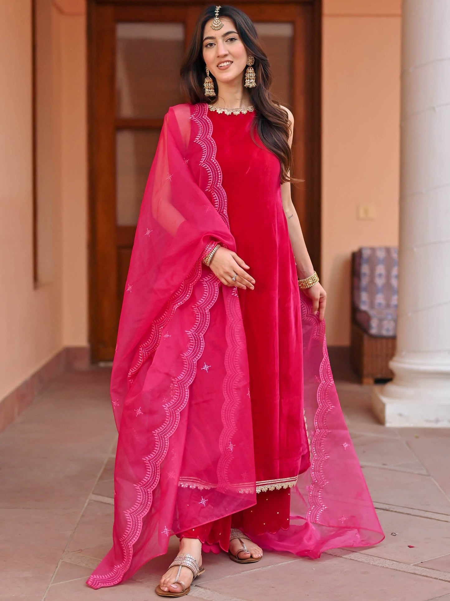Pink Velvet Kurta Palazzo Set