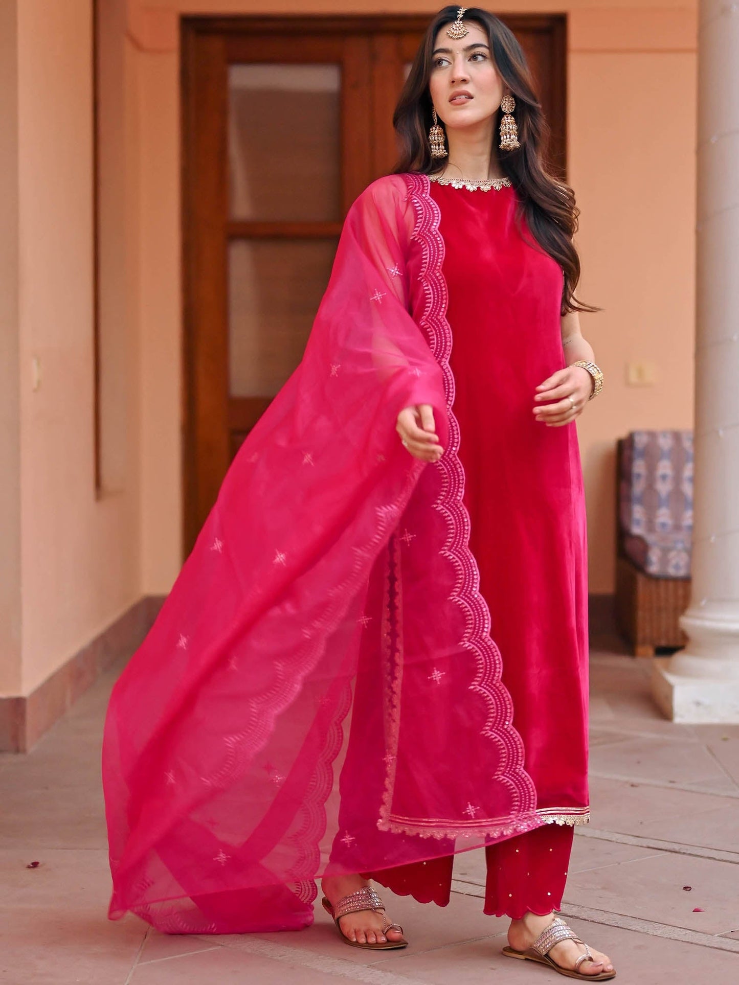 Pink Velvet Kurta Palazzo Set