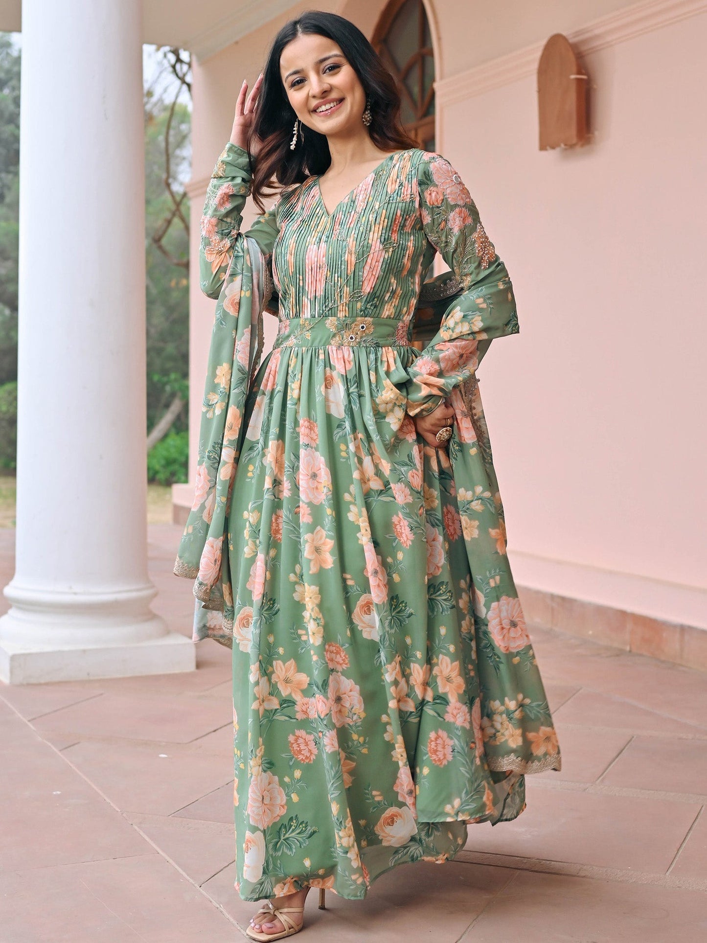 Green Printed Anarkali Set
