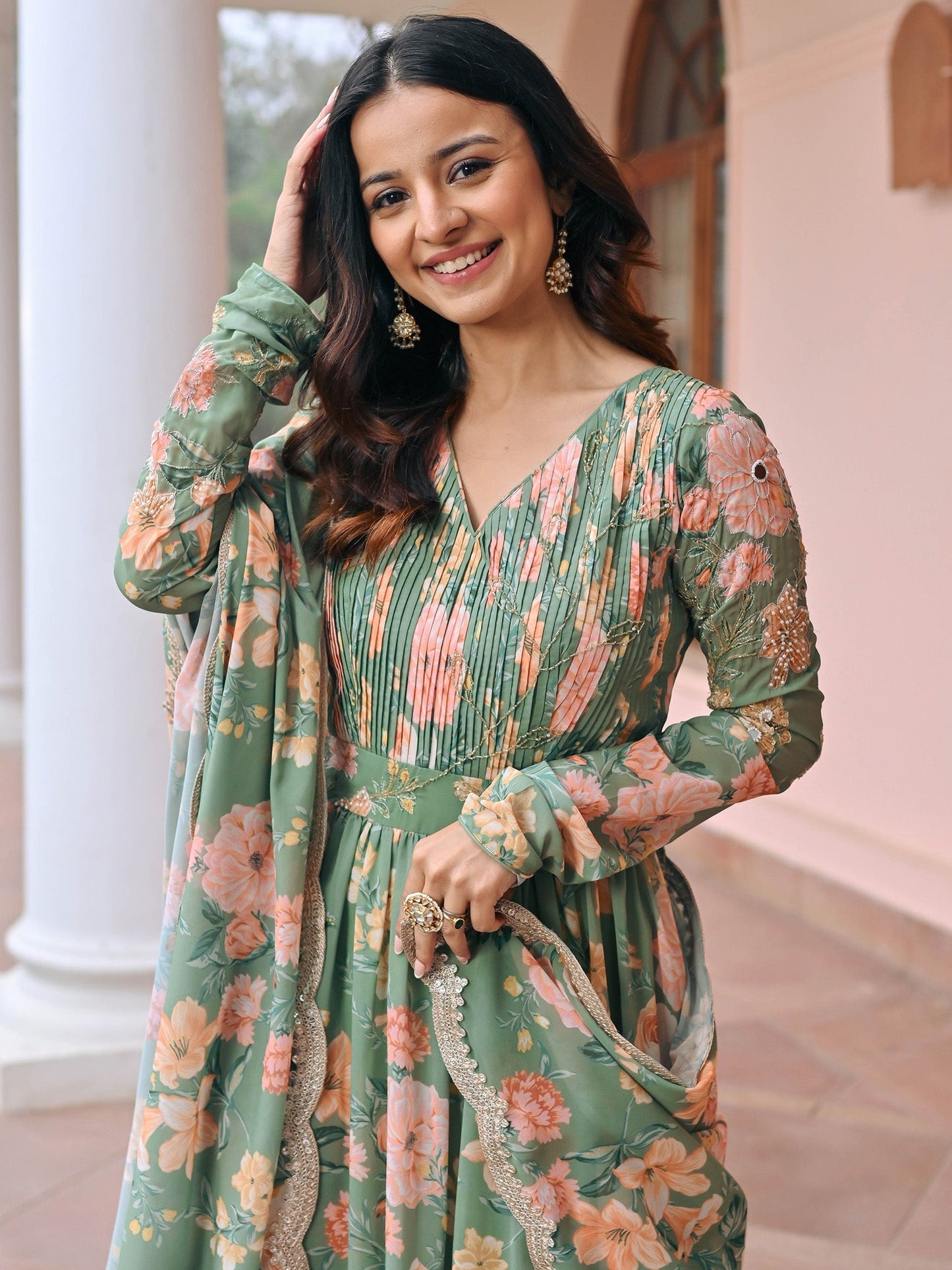 Green Printed Anarkali Set