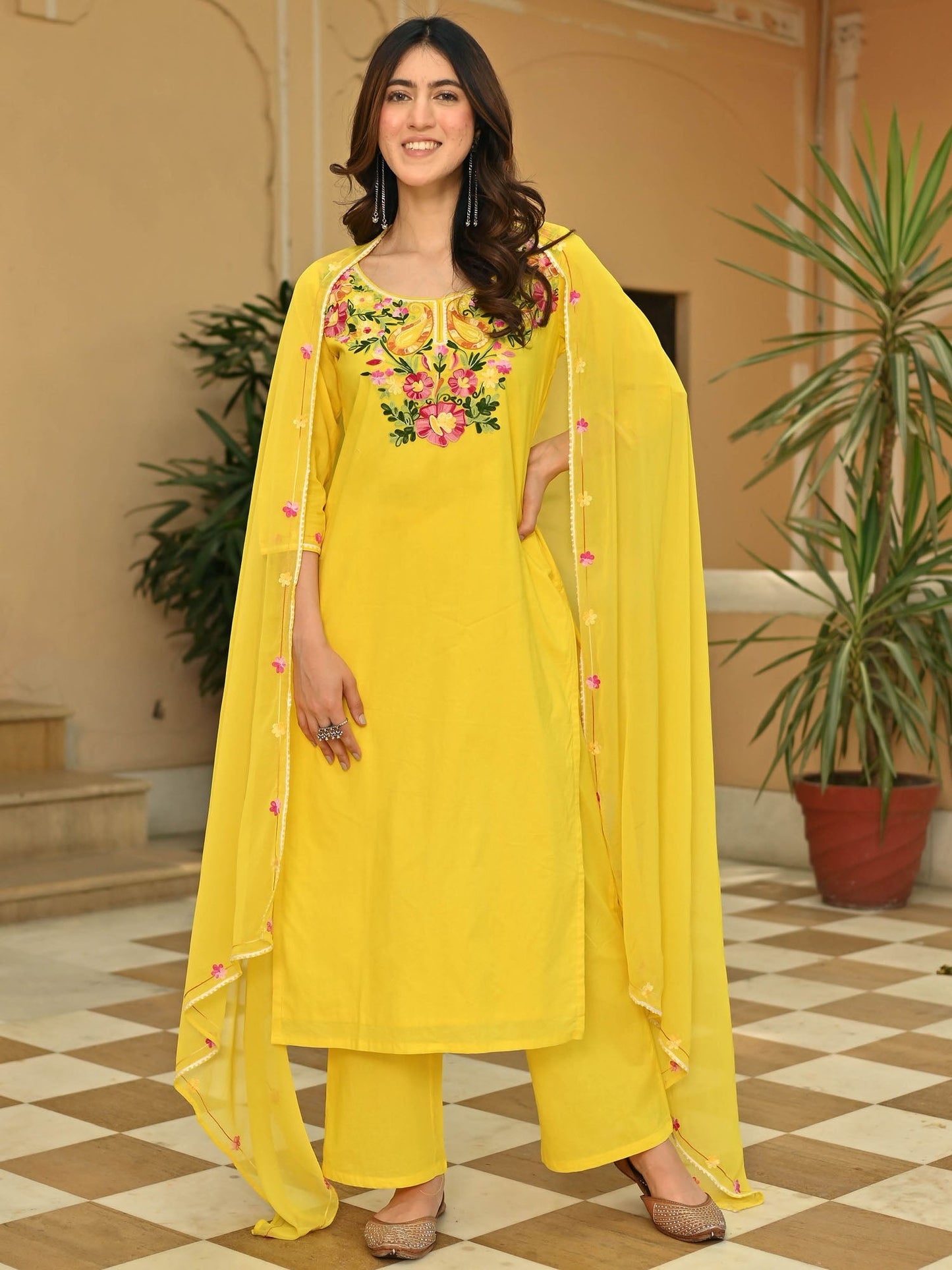 Yellow Cotton Aari Kurta Set