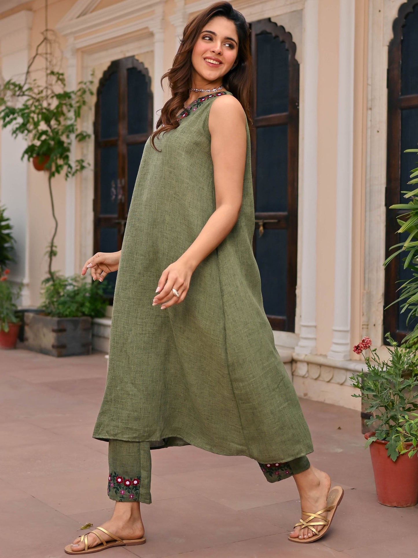 Green Cotton Embroidered Kurta Set