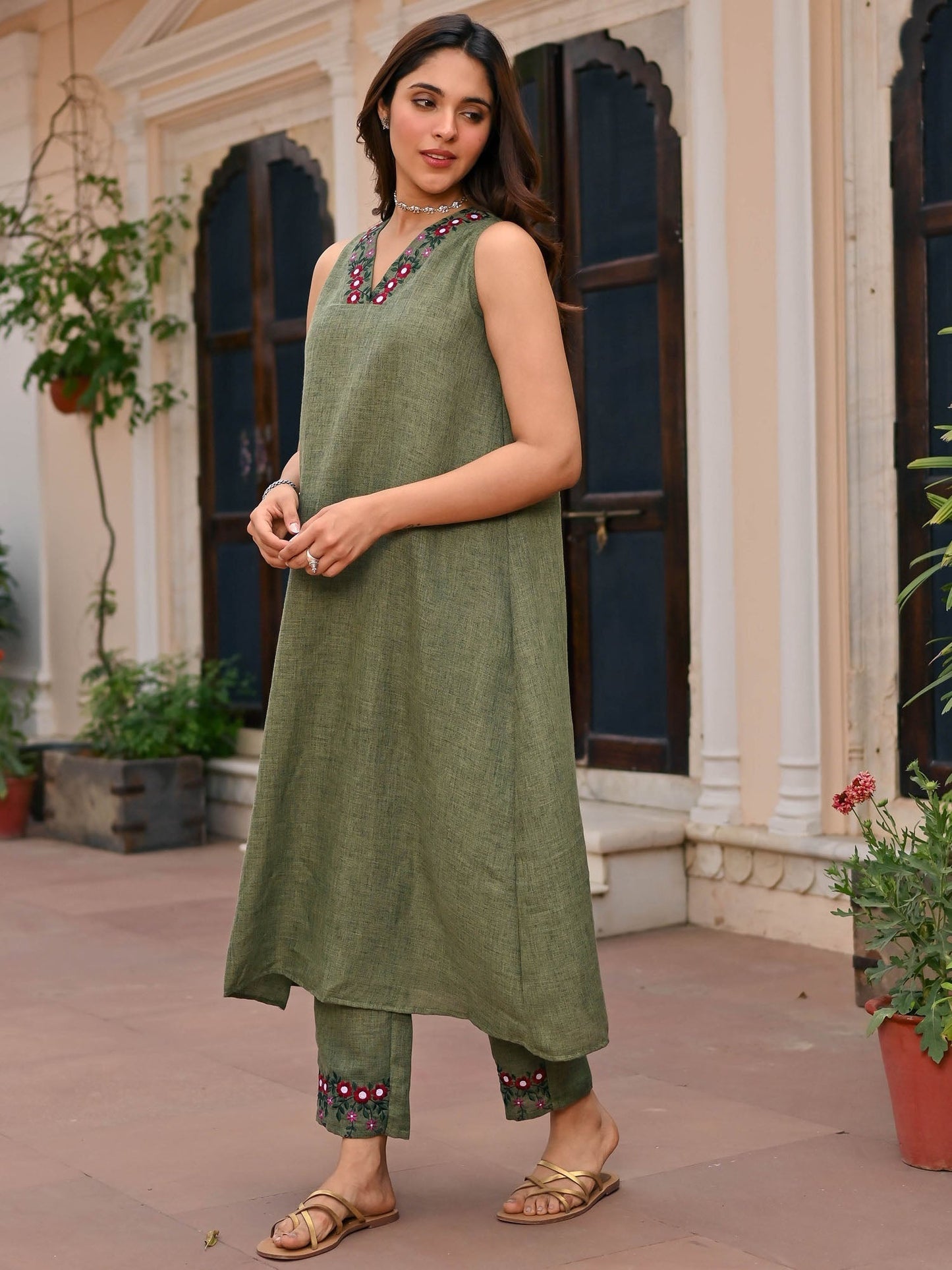 Green Cotton Embroidered Kurta Set