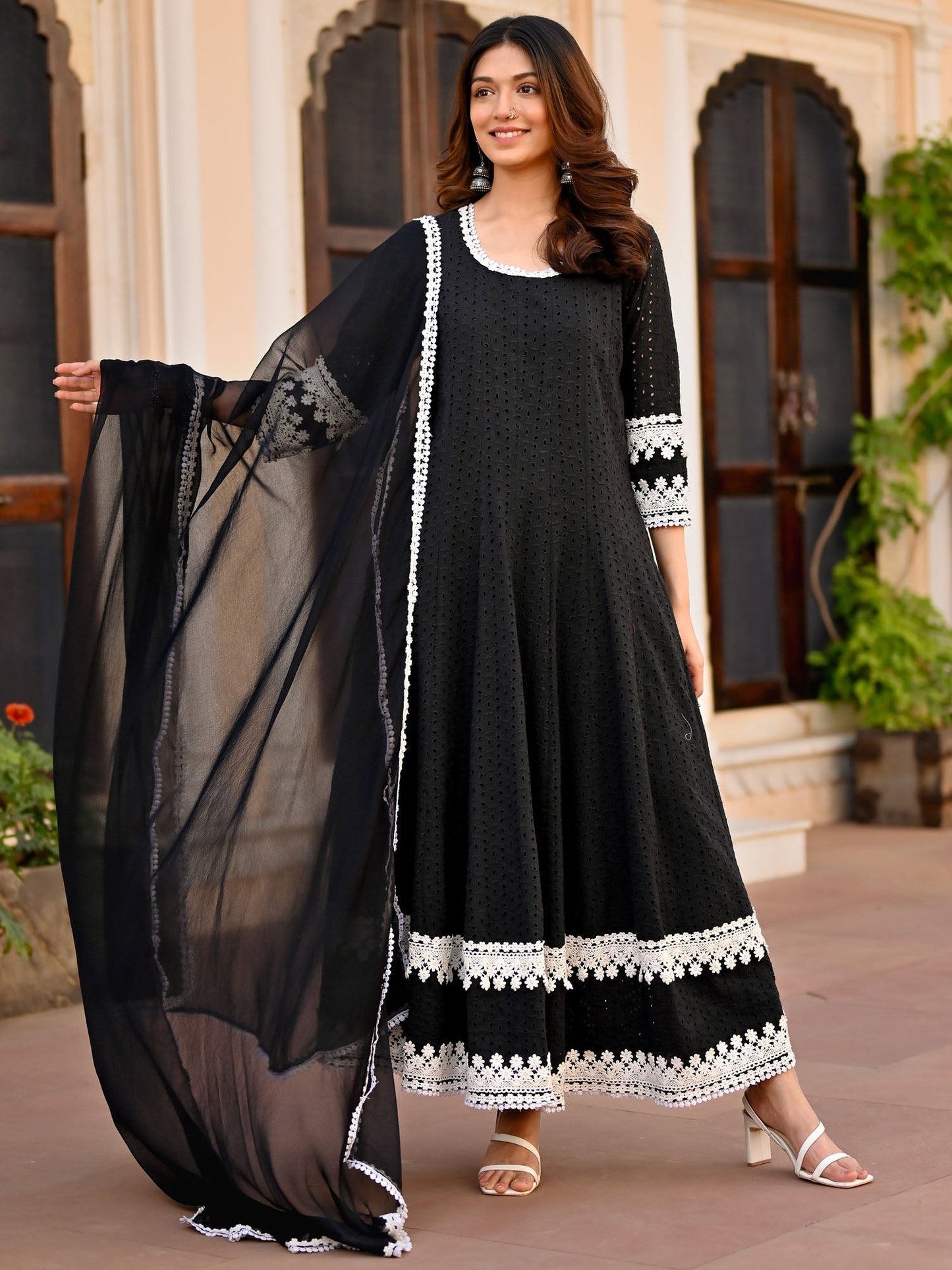 Black Schiffli Anarkali Set