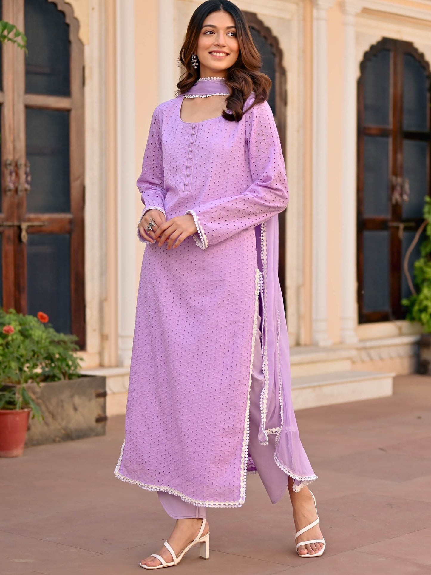Lavendar Schiffli Kurta Set